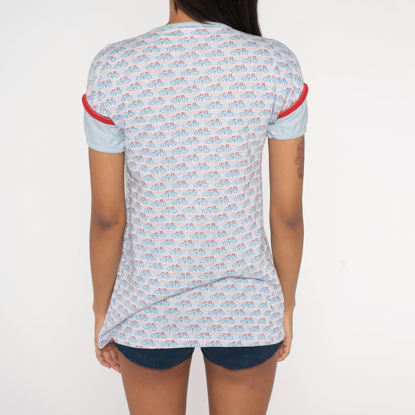 70s Bicycle Graphic Babydoll Tee Red White Blue Yoke Extra Small