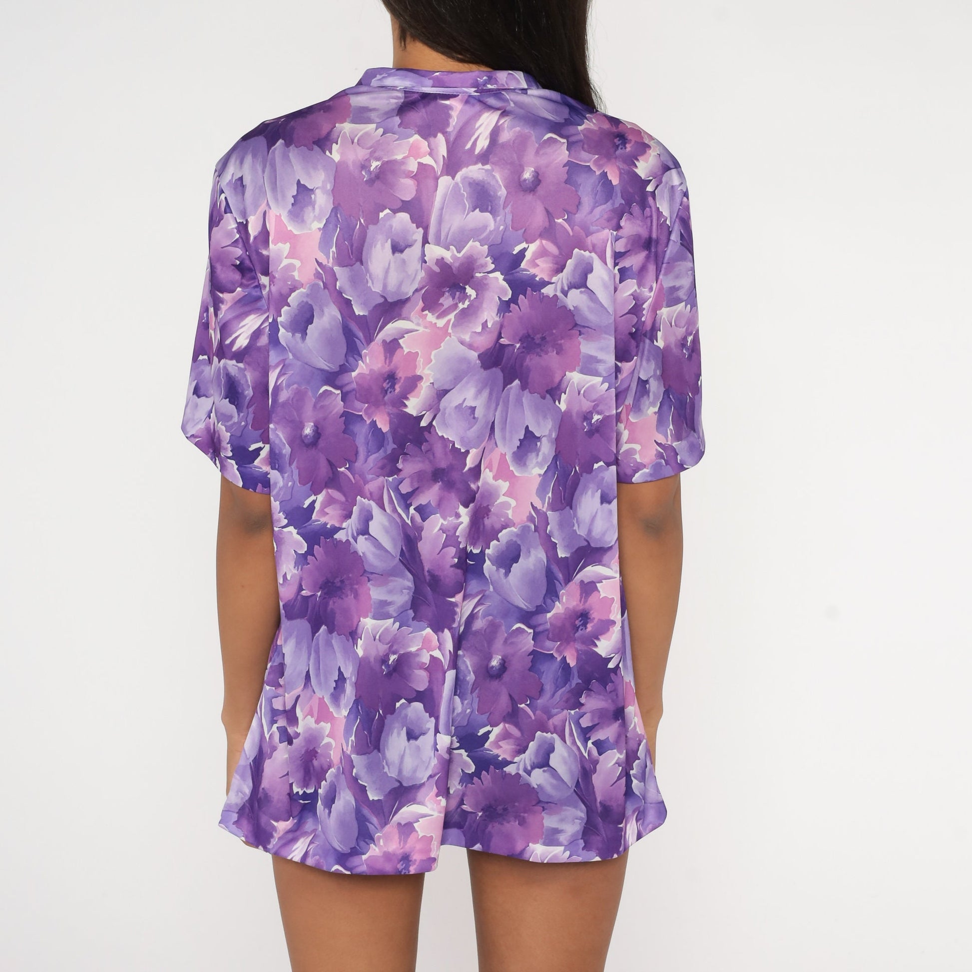 70s Purple Floral Tunic Blouse V Neck Short Sleeve Shirt Extra Large XL