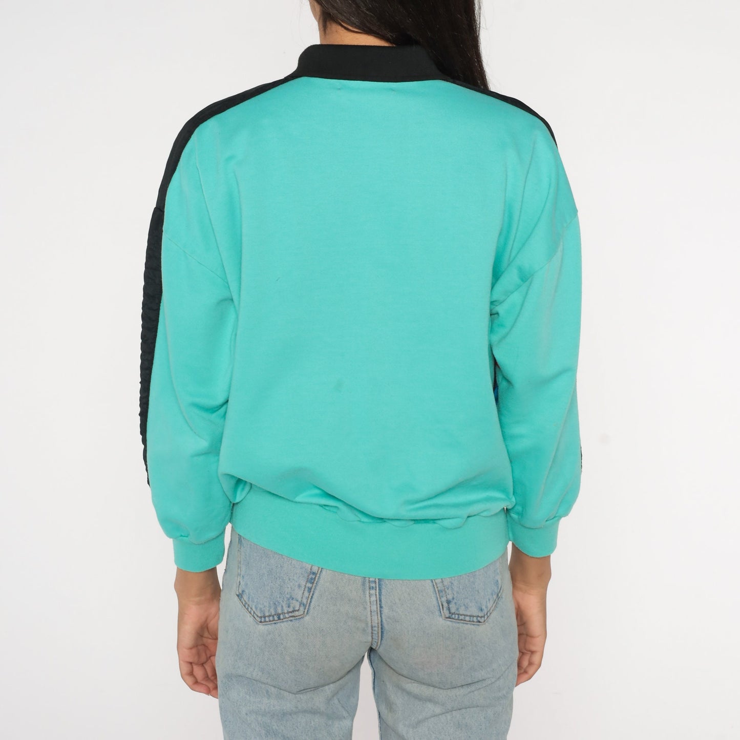 80s Adolfo Sport Color Block Sweatshirt Turquoise Striped Polo Rivets Medium