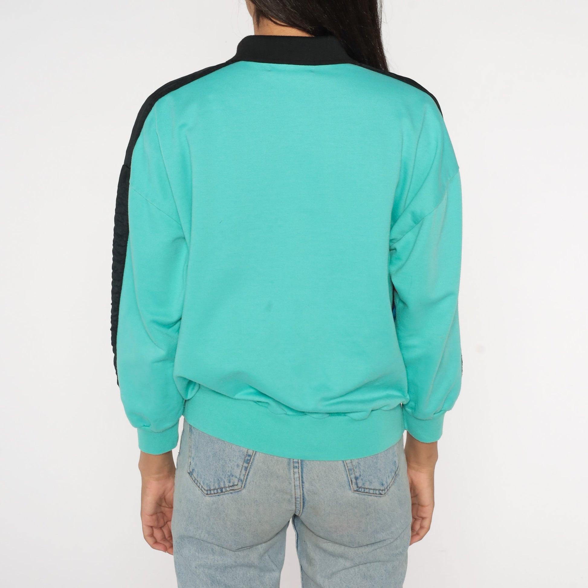 80s Adolfo Sport Color Block Sweatshirt Turquoise Striped Polo Rivets Medium
