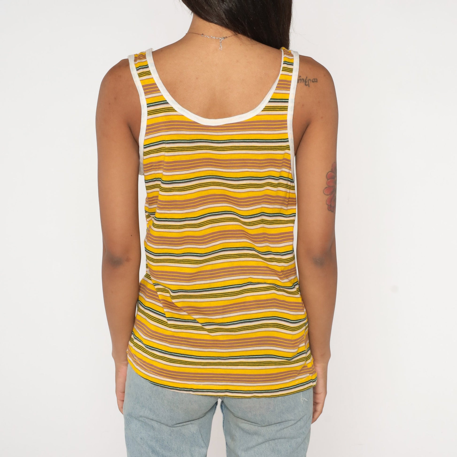 80s Striped Ringer Tank Top Yellow Brown Green White Single Stitch Small