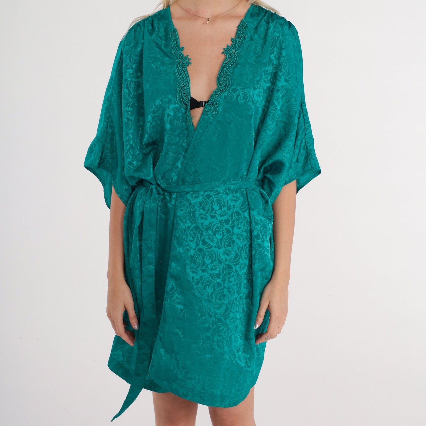 90s Val Mode Green Floral Embossed Pajama Robe Tie Front Mini Small S
