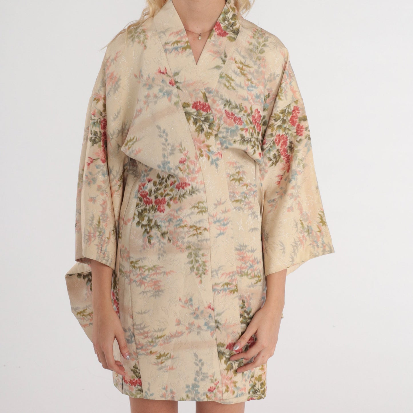 70s Metallic Floral Kimono Robe Cream Asian Print Mini Open Front Small Medium
