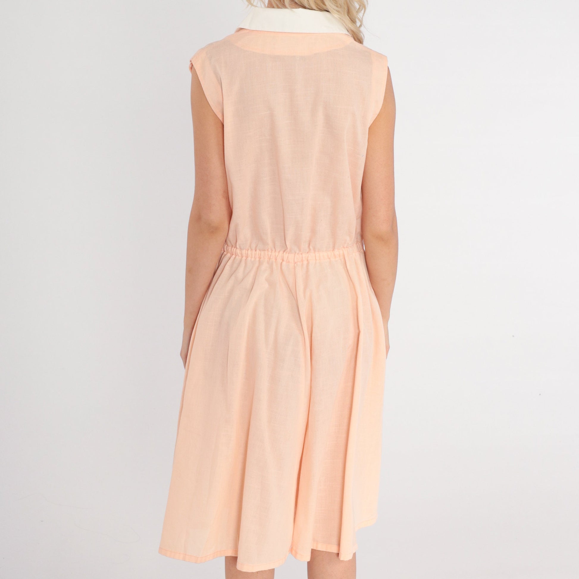 70s Peachy Pink Shirtwaist Dress Sleeveless Midi Collared Button-Up Medium