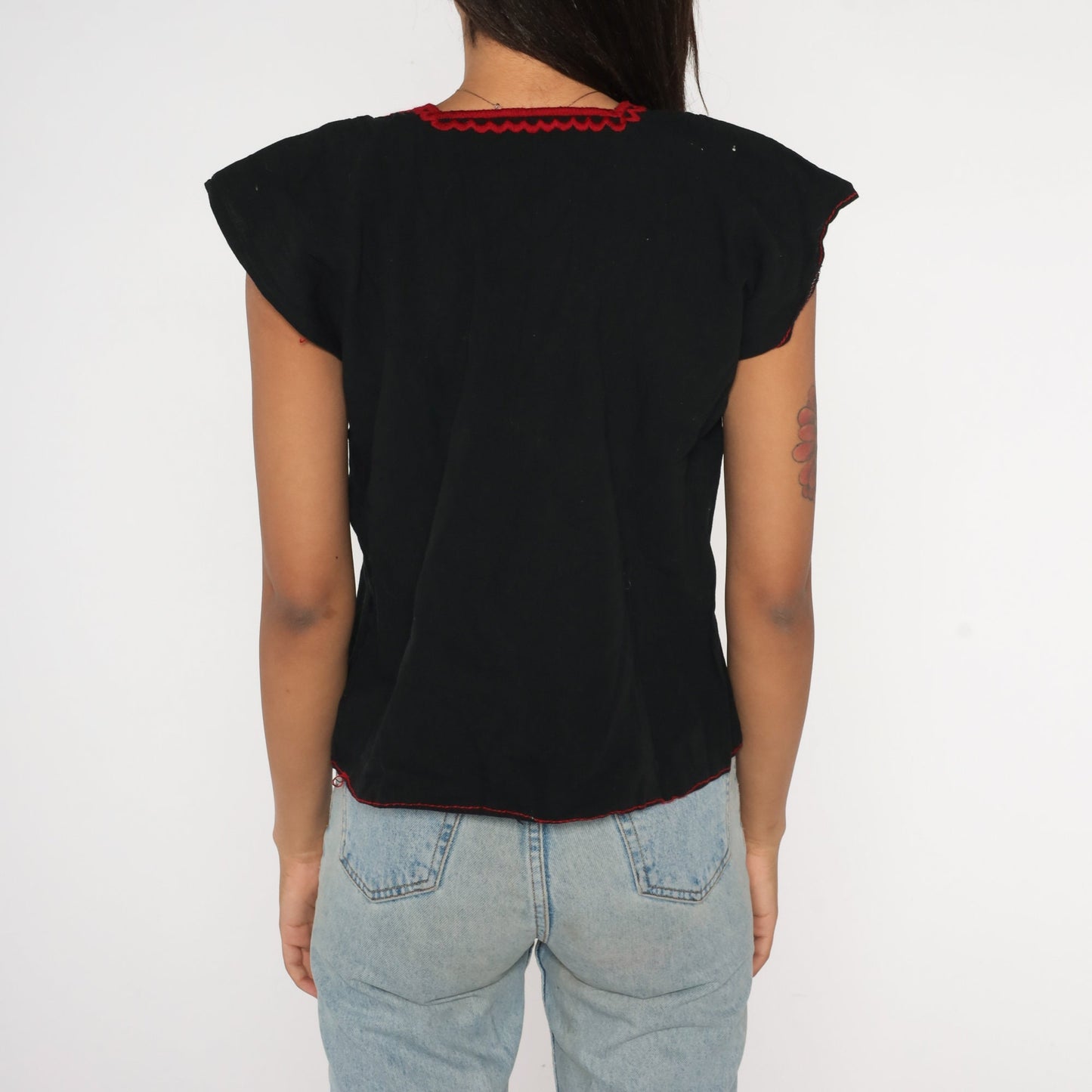 90s Mexican Embroidered Blouse Black Red Rose Tunic Cap Sleeve Medium