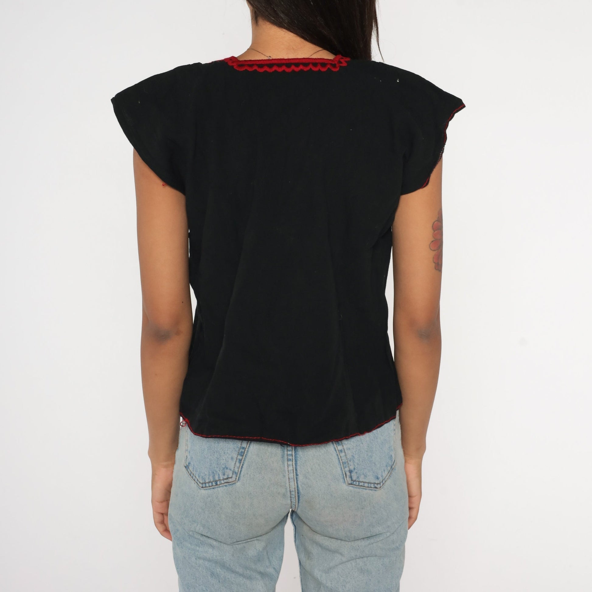 90s Mexican Embroidered Blouse Black Red Rose Tunic Cap Sleeve Medium