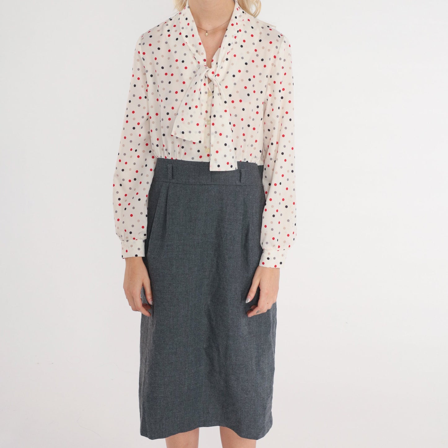 80s Polka Dot Ascot Midi Dress High Waisted Shirtwaist Grey White Medium