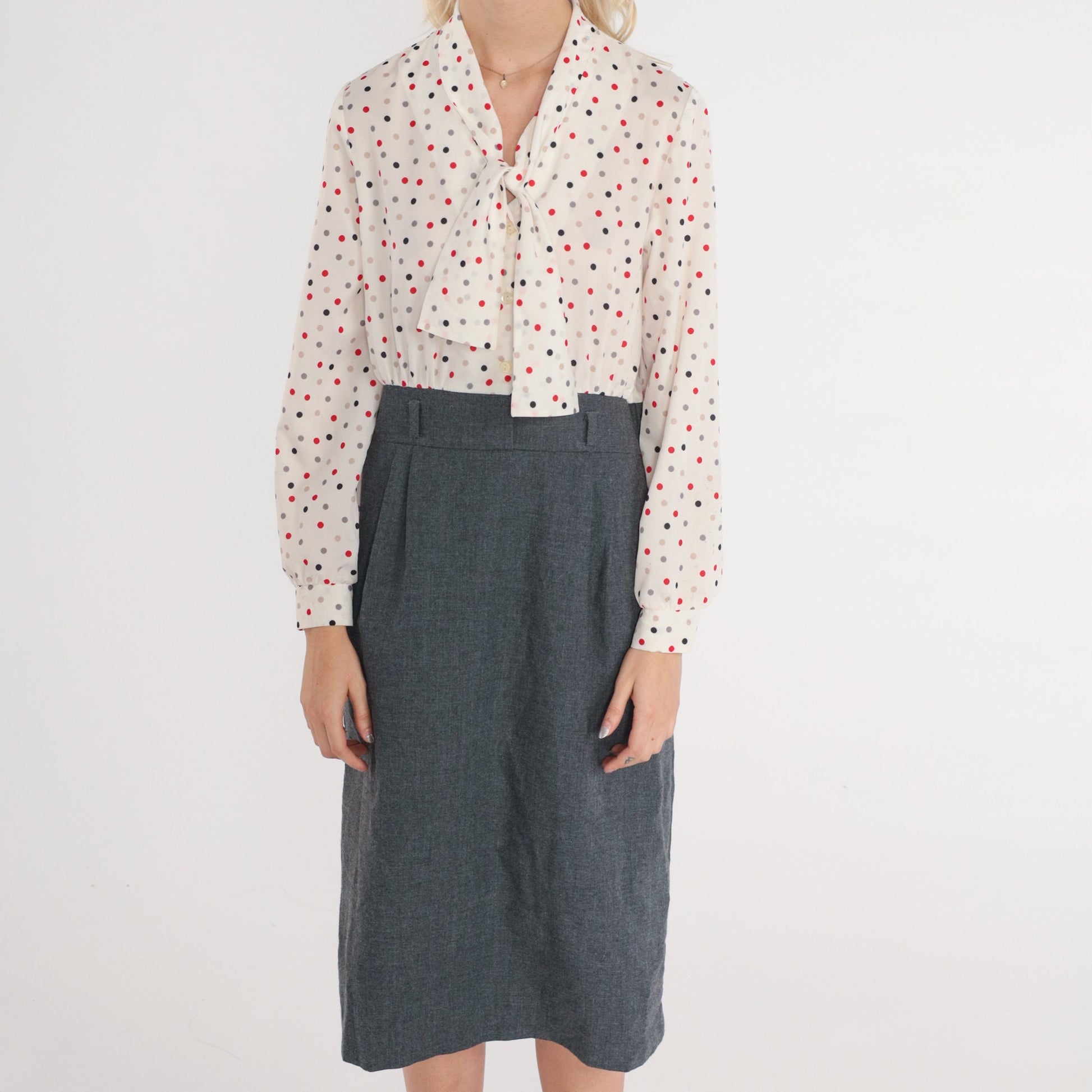 80s Polka Dot Ascot Midi Dress High Waisted Shirtwaist Grey White Medium