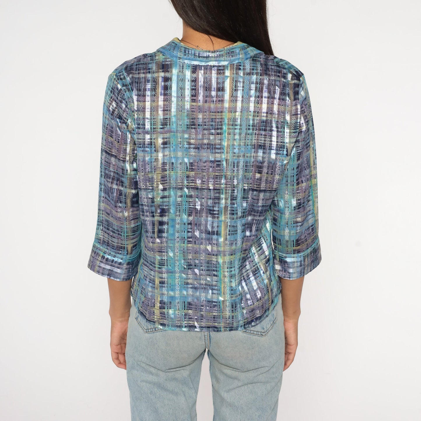 00s Metallic Striped Button-Up Blouse Purple Blue 3/4 Sleeve Medium