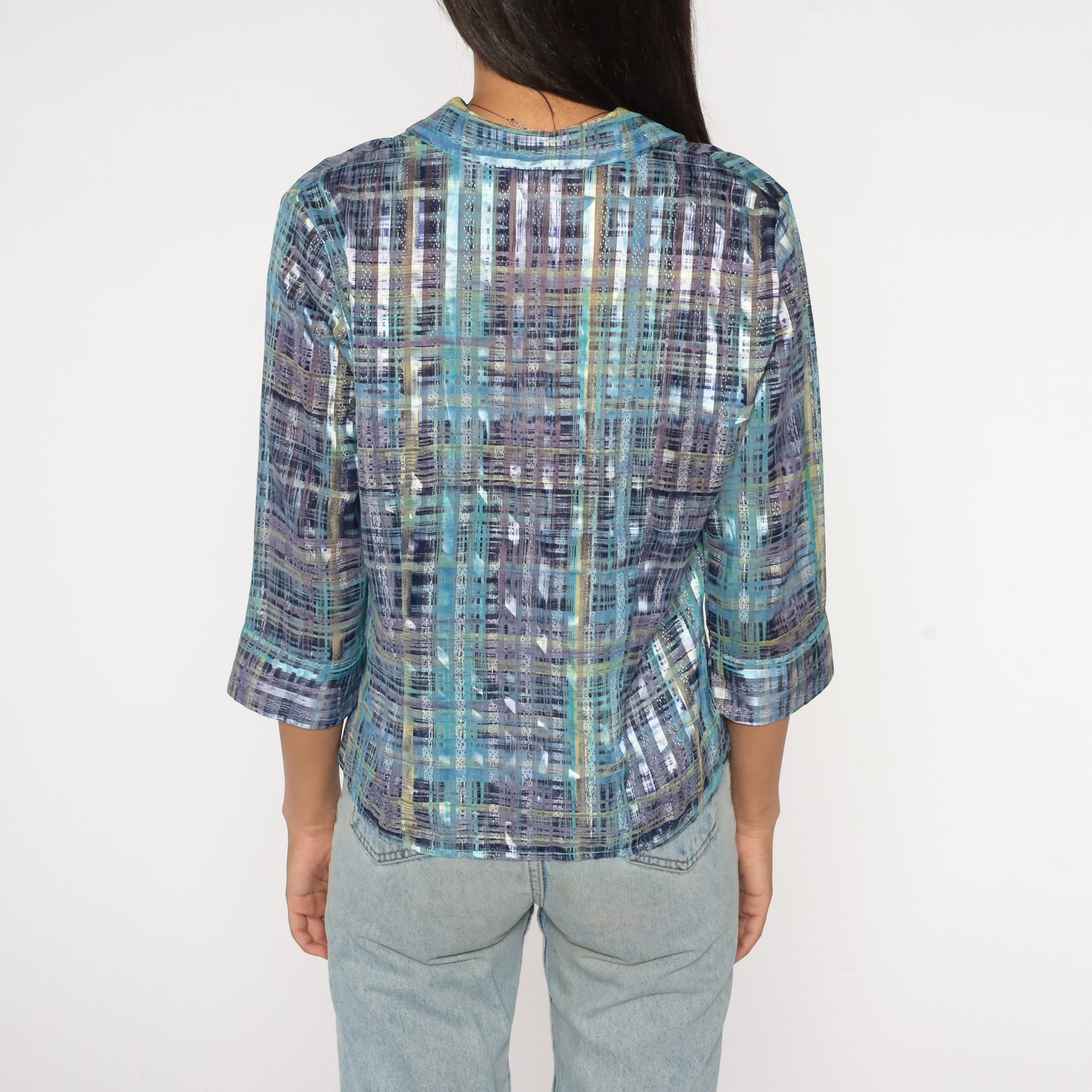 00s Metallic Striped Button-Up Blouse Purple Blue 3/4 Sleeve Medium