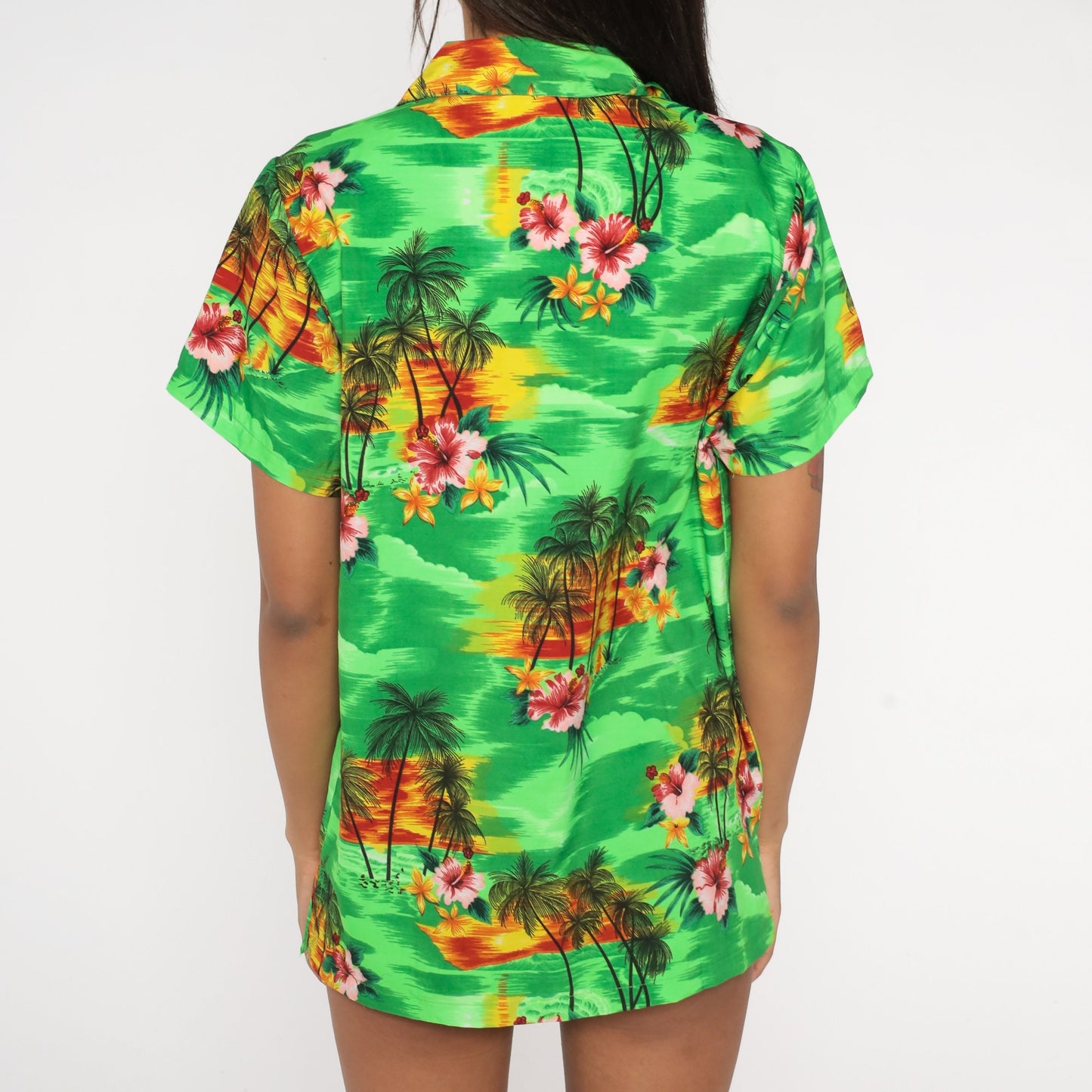 80s Neon Green Tropical Floral Hawaiian Button-Up Shirt Palm Tree Print Medium