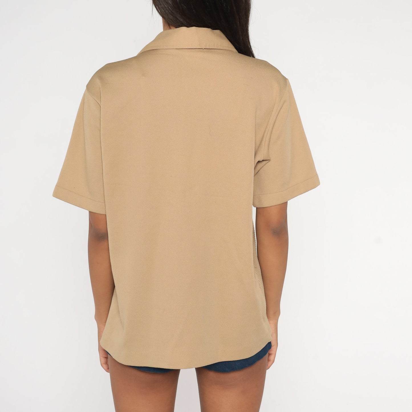 70s Tan Textured Polo Shirt Chest Pocket Collared Medium Large