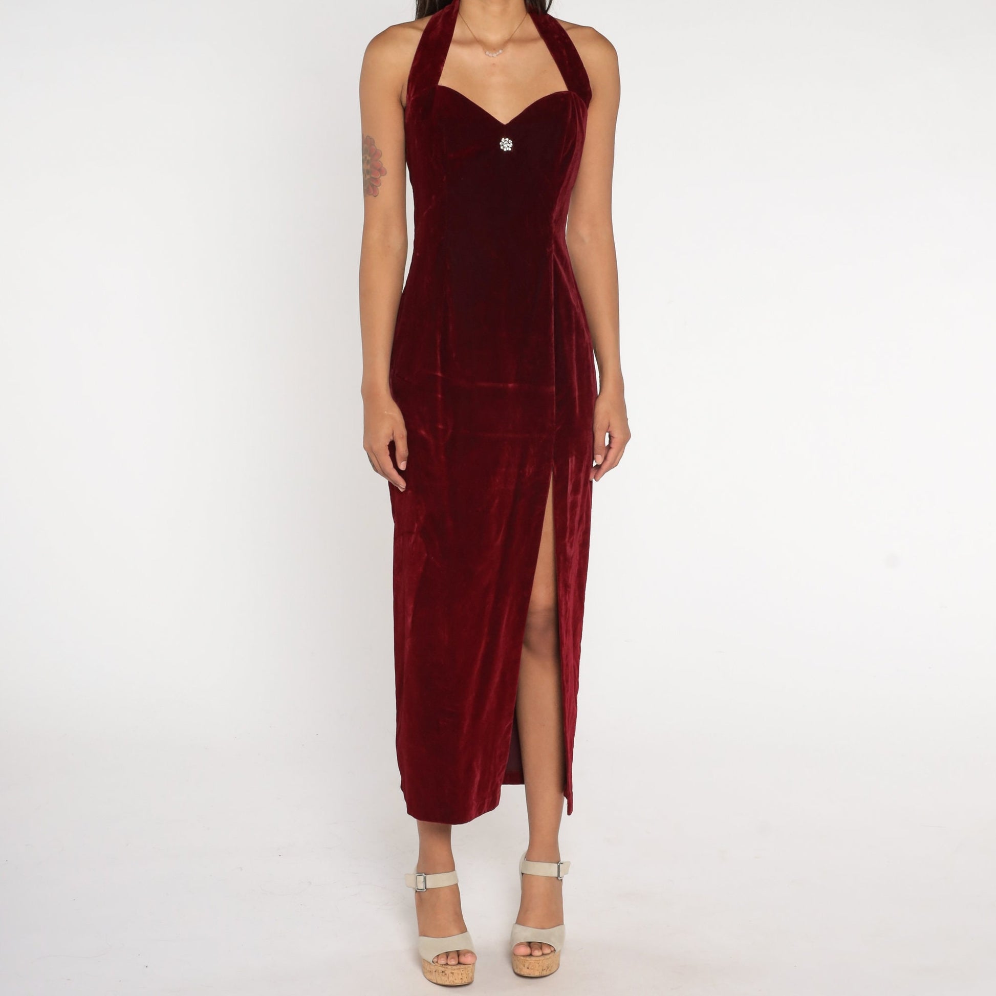 80s Gunne Sax Red Velvet Maxi Dress Halter Keyhole Back Small