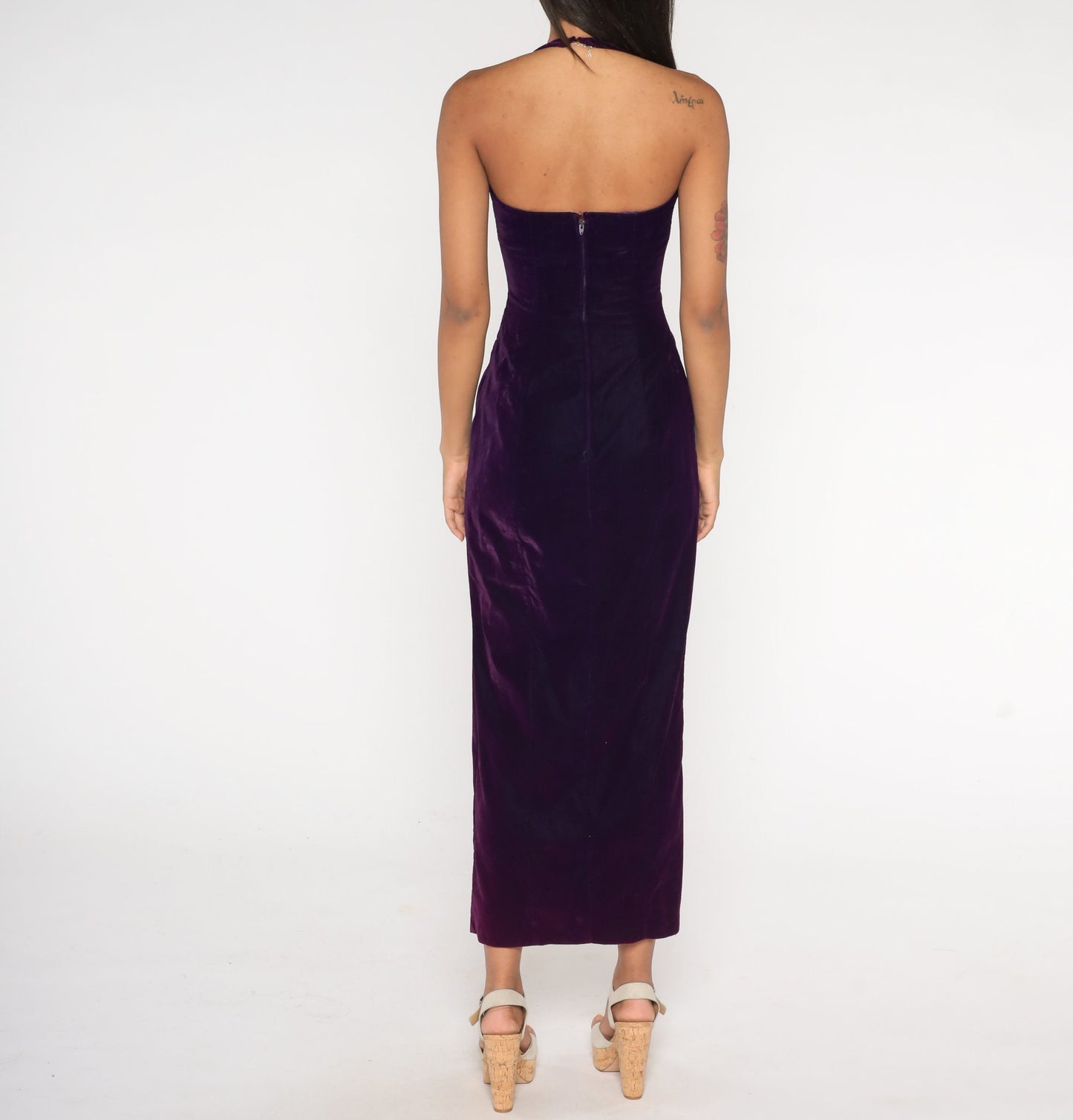 90s Zum Zum Purple Velvet Maxi Dress Sequin Halter Bodycon Slit Extra Small
