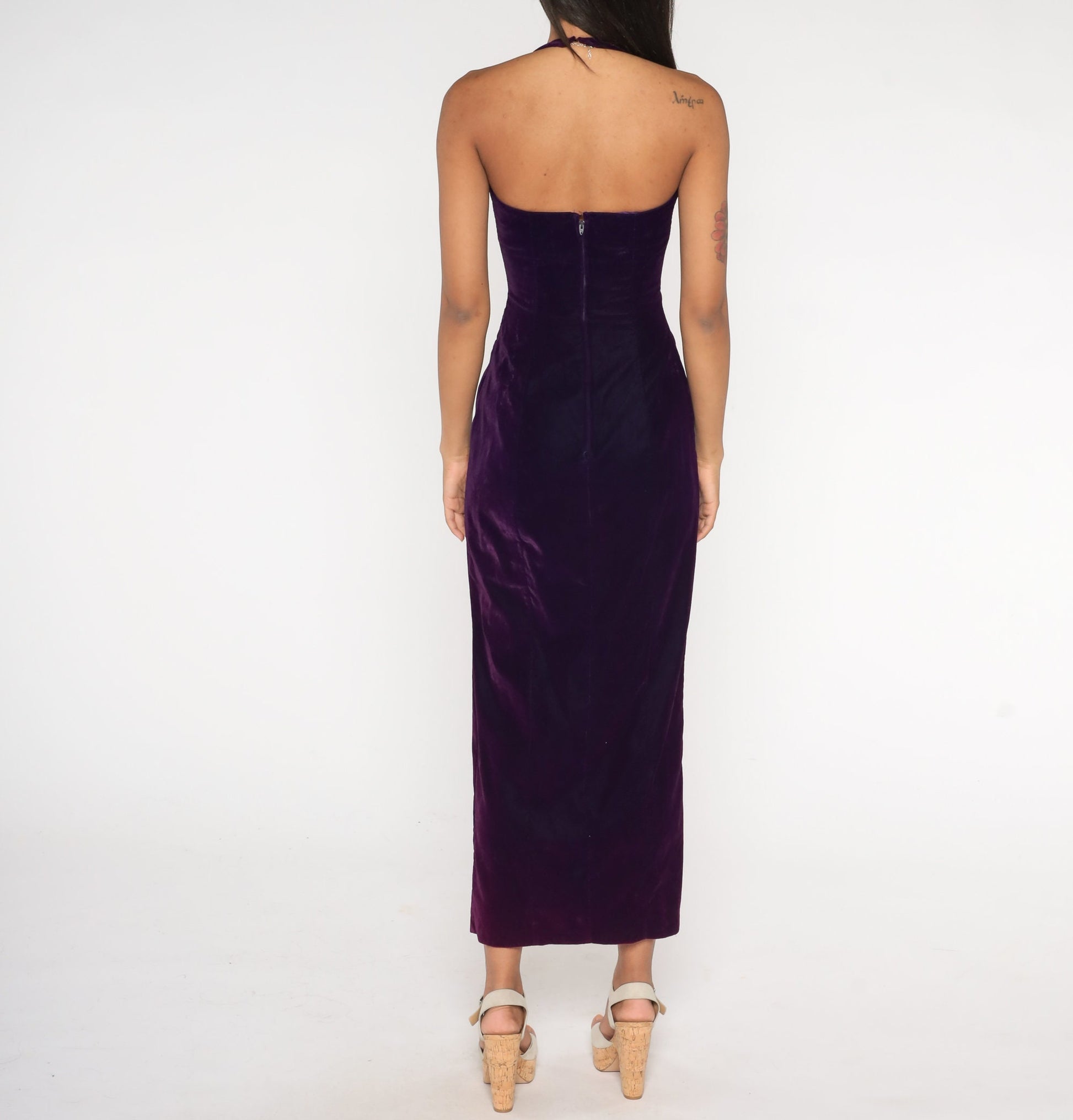 90s Zum Zum Purple Velvet Maxi Dress Sequin Halter Bodycon Slit Extra Small