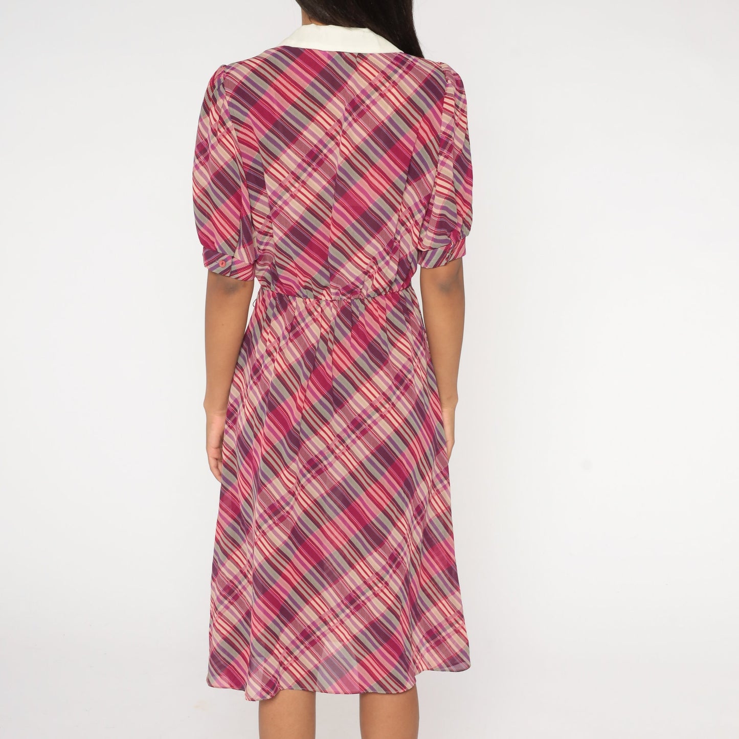 80s Purple Plaid Midi Dress Puff Sleeve Ascot Collar Small Medium