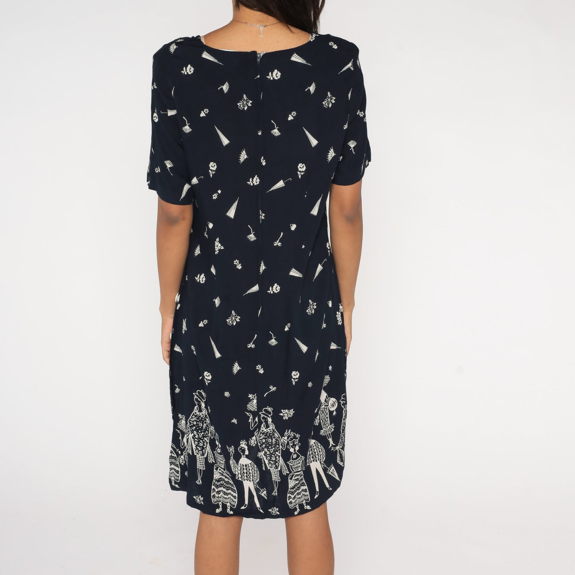 90s Floral Dress Black White Flower Print Midi Sheath Button Side Medium