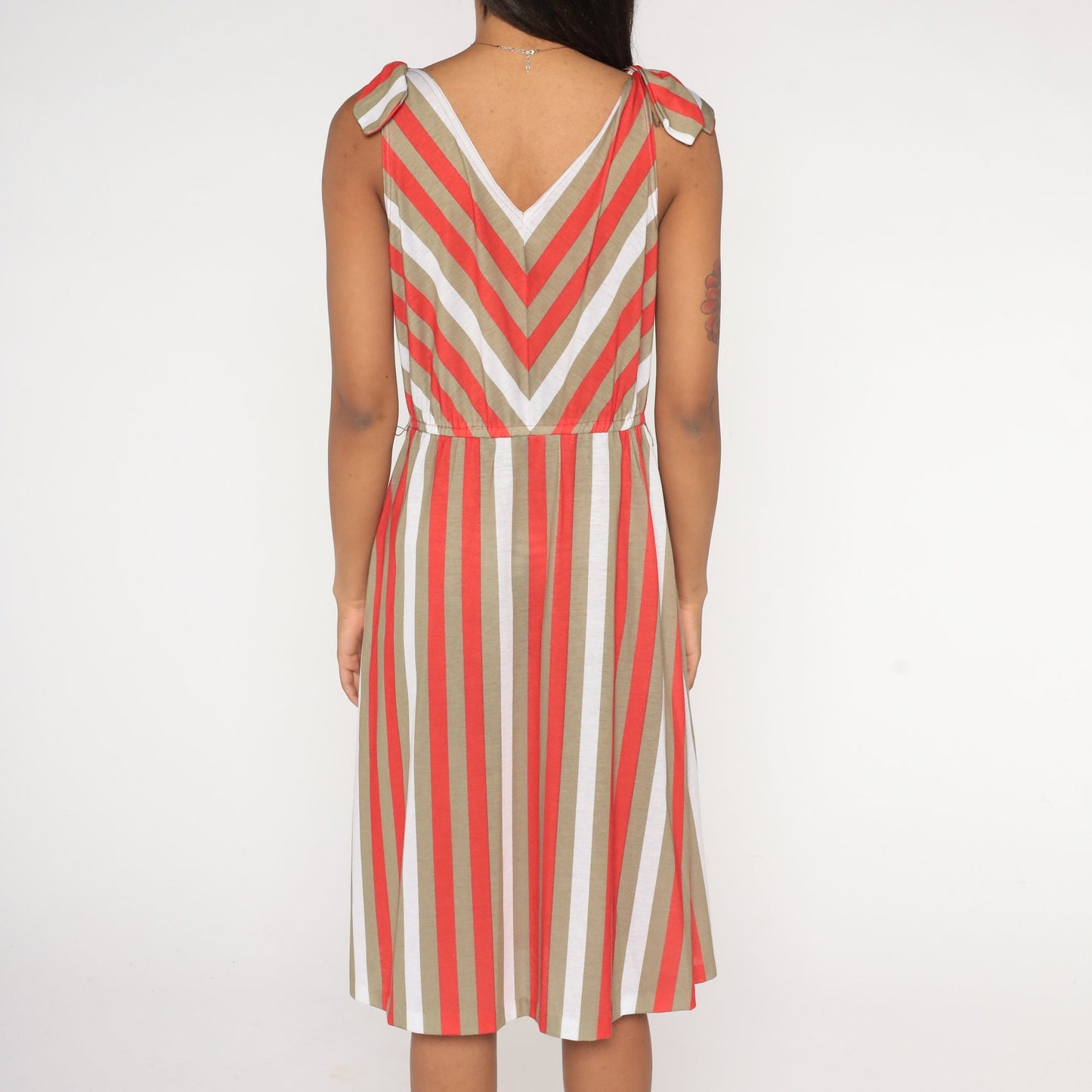 80s Striped Sundress Red Taupe White Sleeveless High Waist Tie Shoulder Small