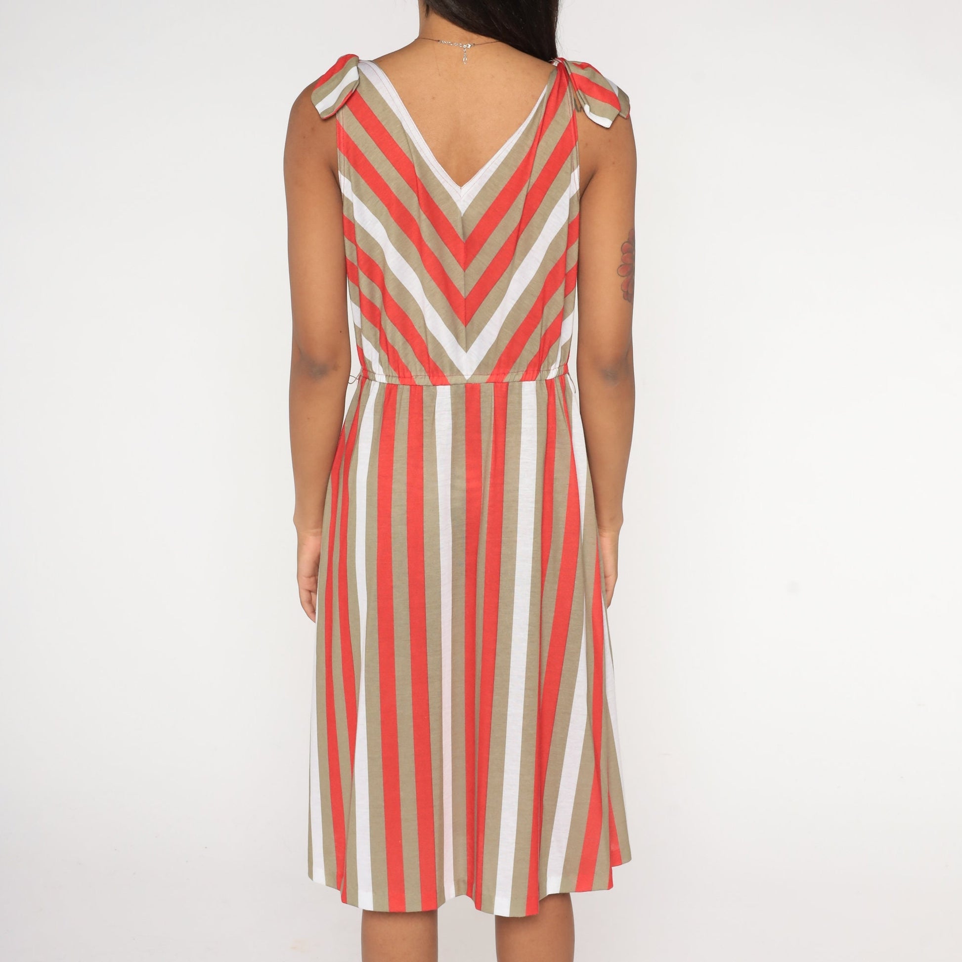80s Striped Sundress Red Taupe White Sleeveless High Waist Tie Shoulder Small