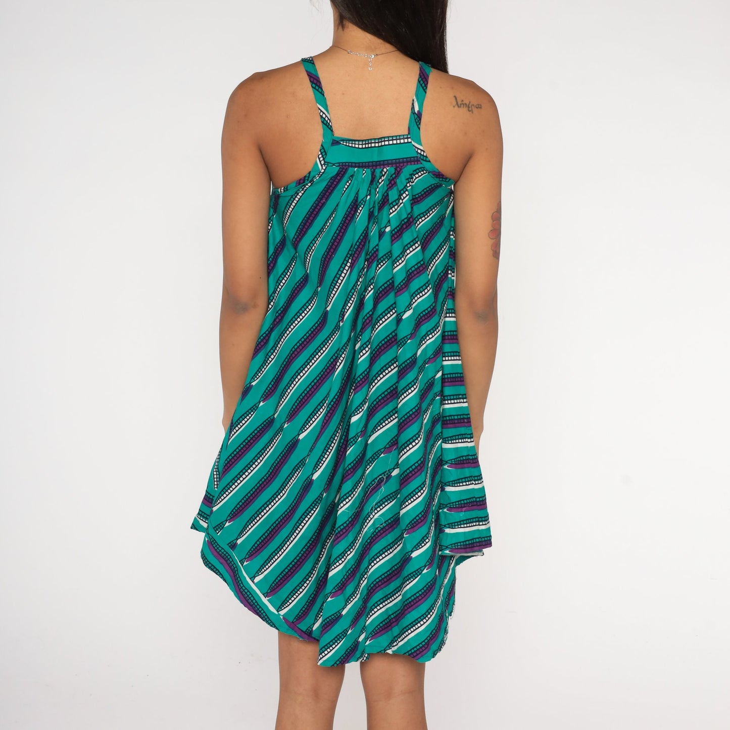90s Turquoise Purple Striped Cotton Mini Sundress Tank Hanky Hem XXS