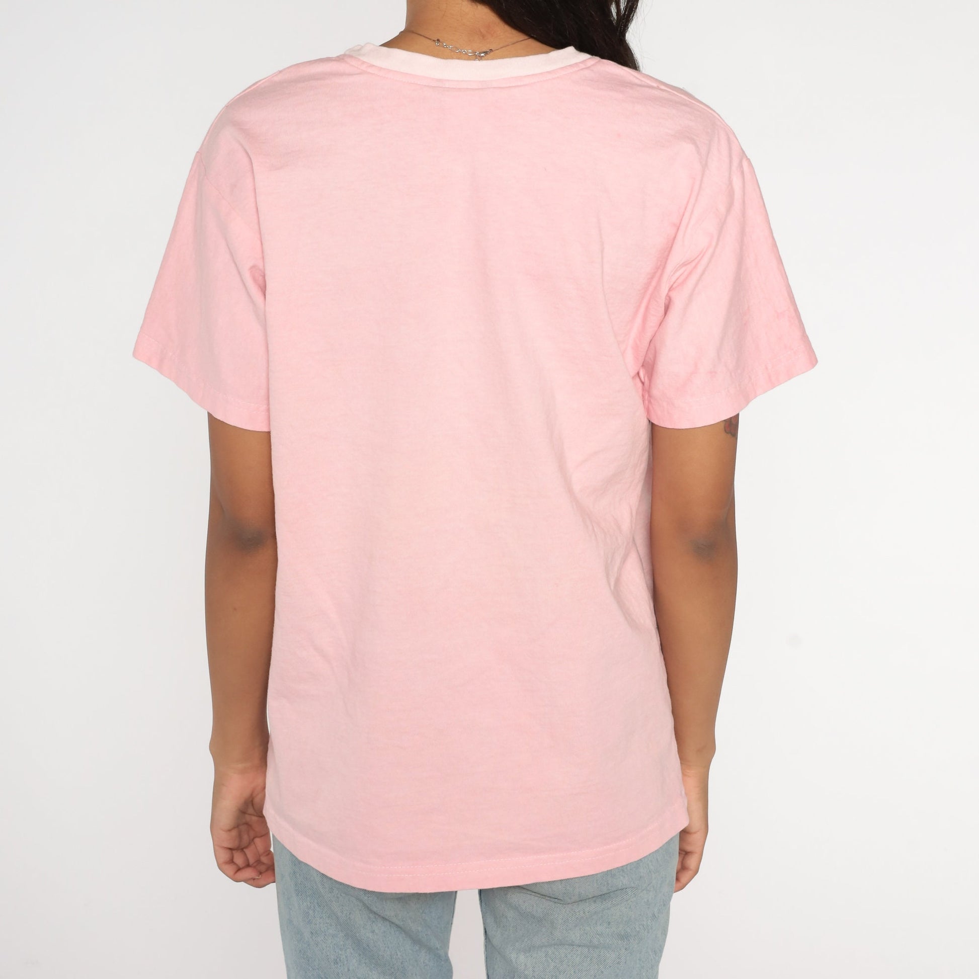 90s Sunflower Graphic T-Shirt Baby Pink V-Neck Cotton Tee Small