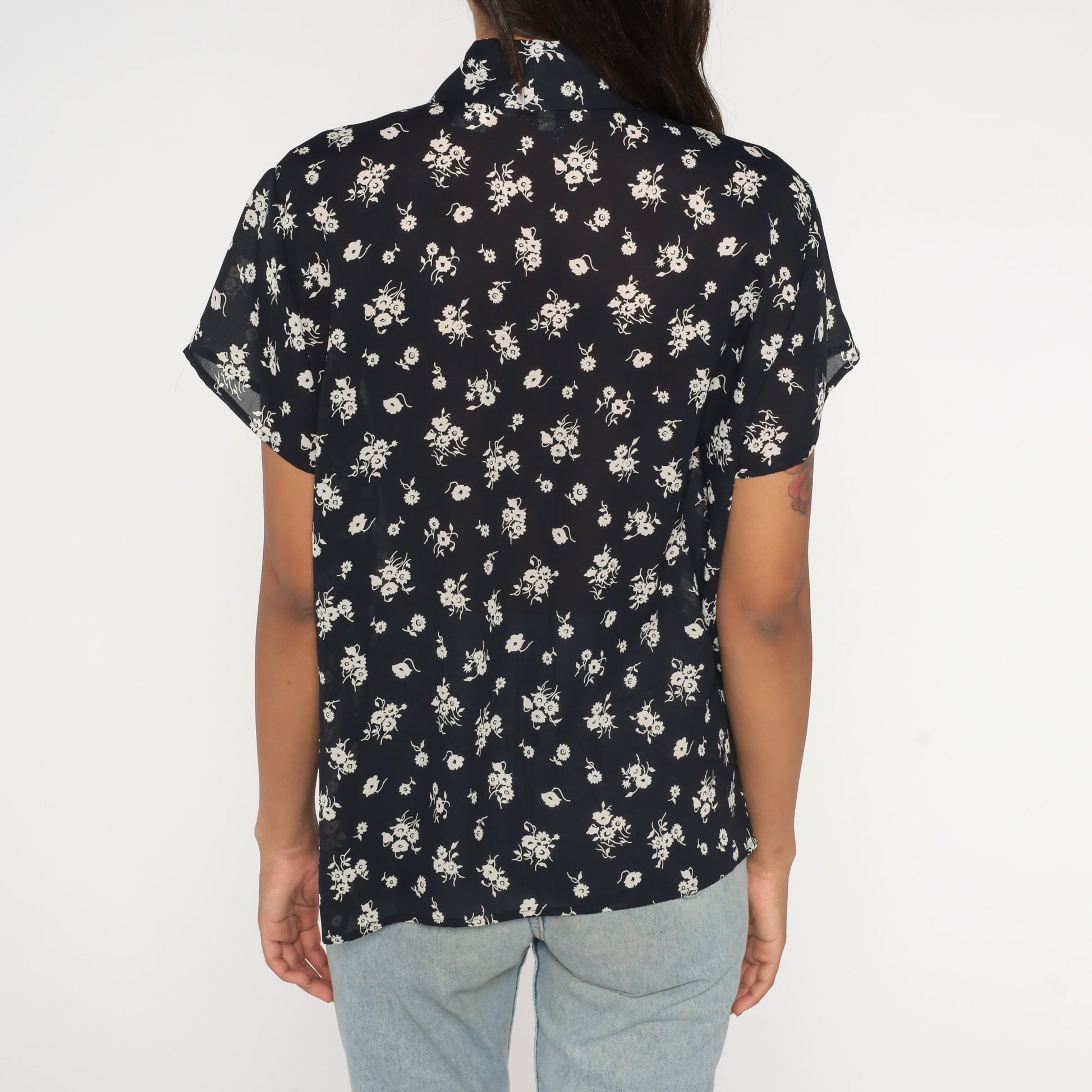 90s Chaus Black Floral Button-Up Blouse Short Sleeve Shirt Large L