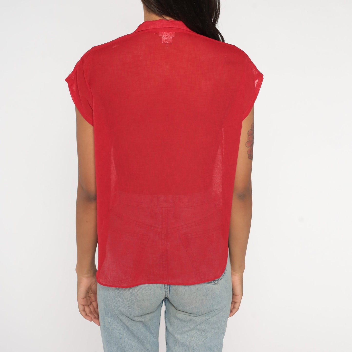 80s Red Sheer Button-Up Blouse Cap Sleeve Collared Shirt Medium