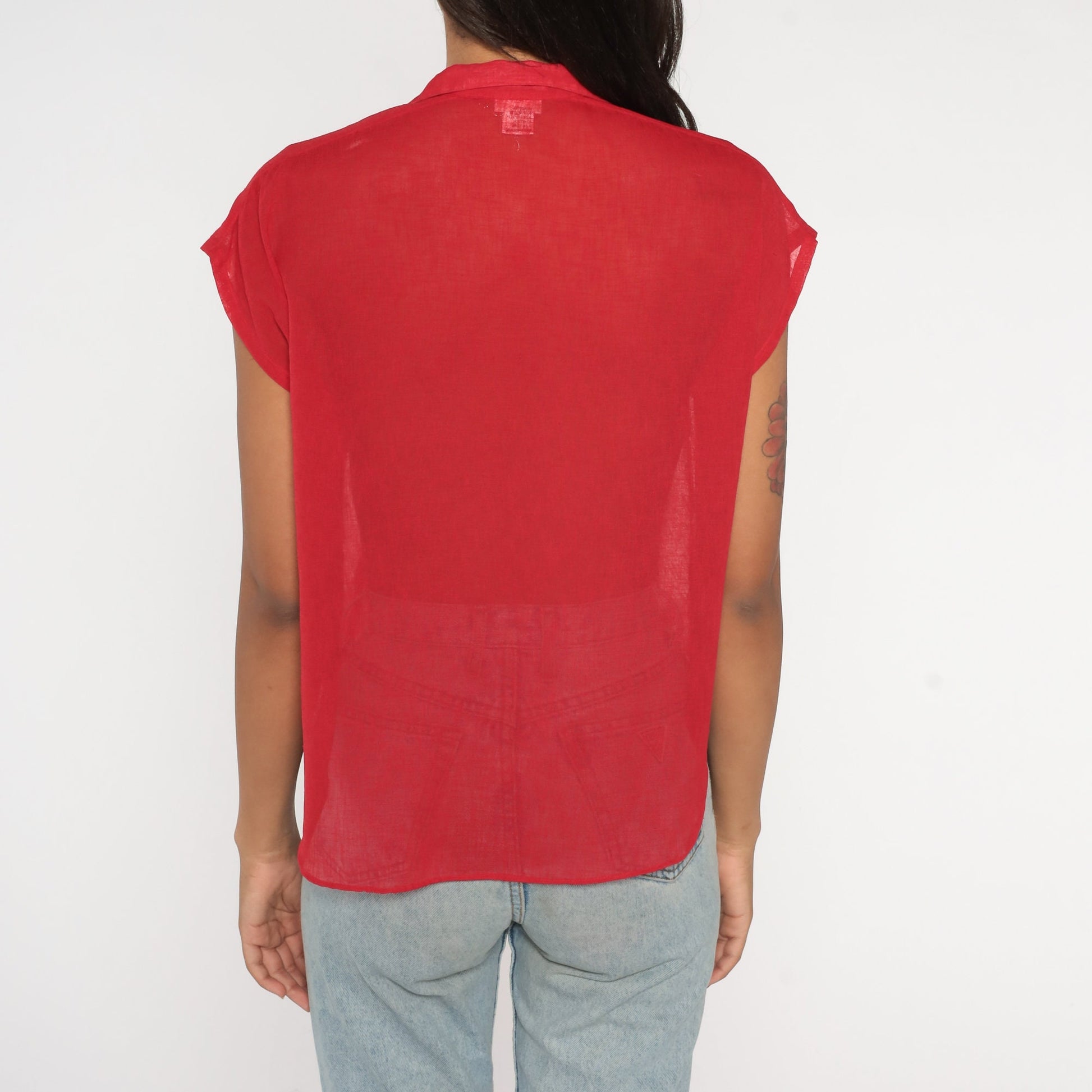 80s Red Sheer Button-Up Blouse Cap Sleeve Collared Shirt Medium