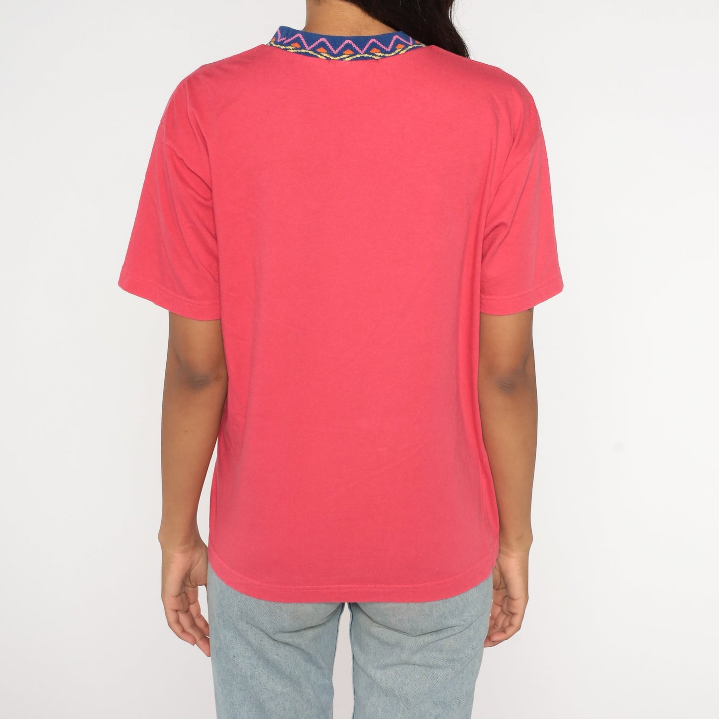 90s Giordano Embroidered Logo T-Shirt Pink Zig Zag Ringer Crewneck Medium