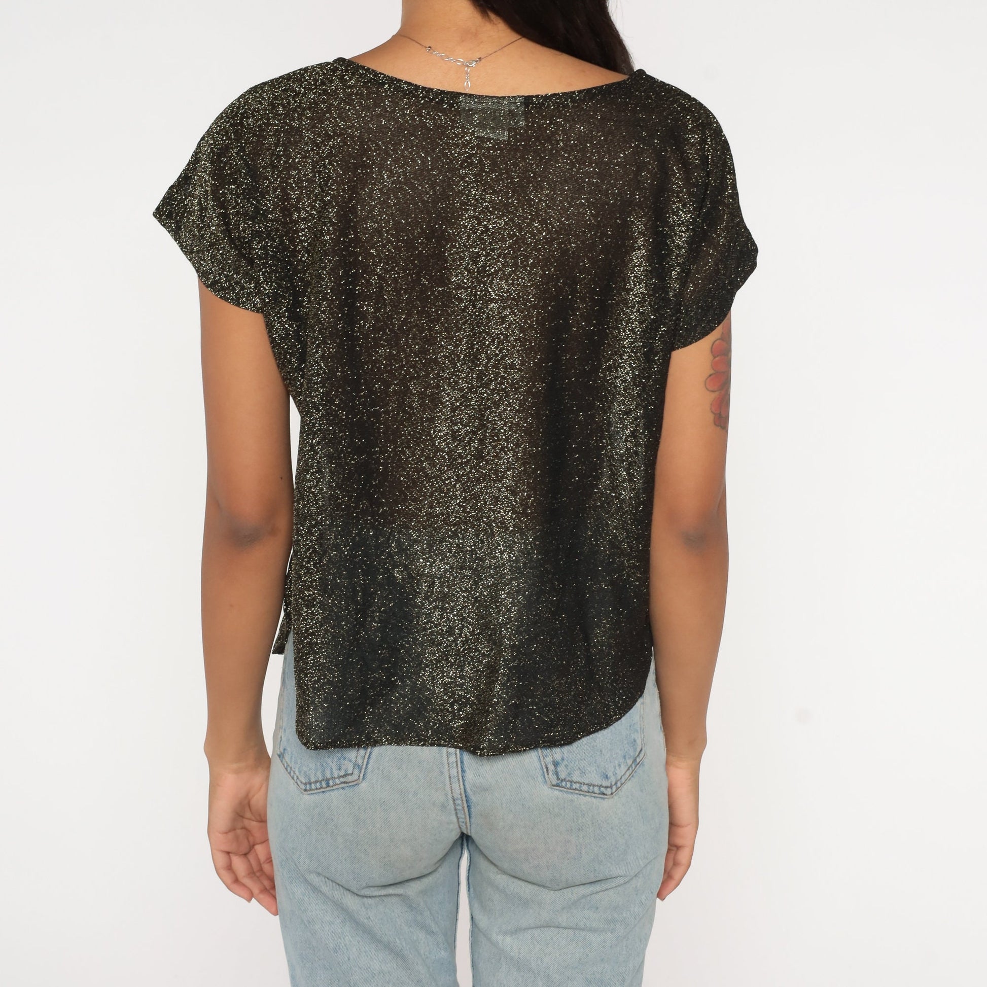 90s Metallic Black Gold Sparkly Blouse Short Sleeve Medium