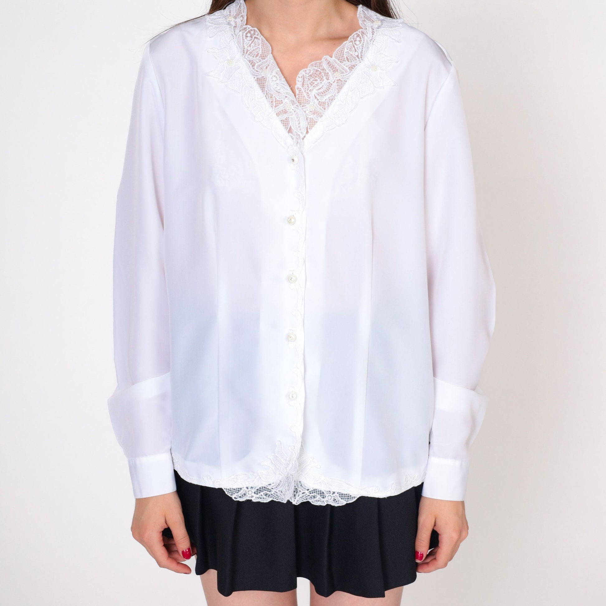 90s Kathie Lee White Beaded Lace Blouse Pearl Rhinestone Button Up Medium