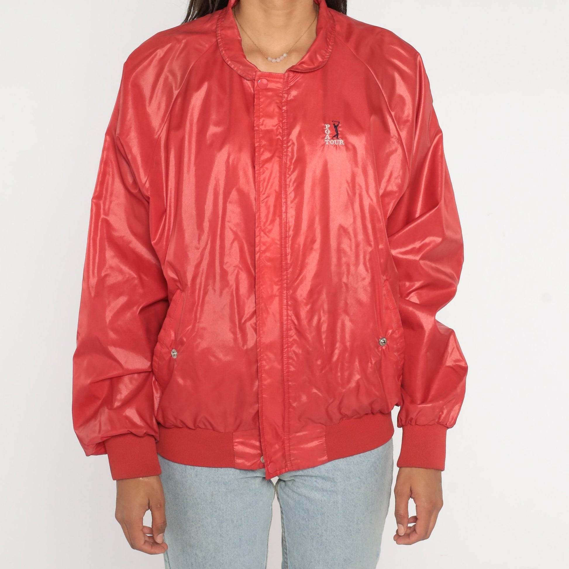 80s PGA Tour Bomber Jacket Red Nylon Raglan Windbreaker Medium