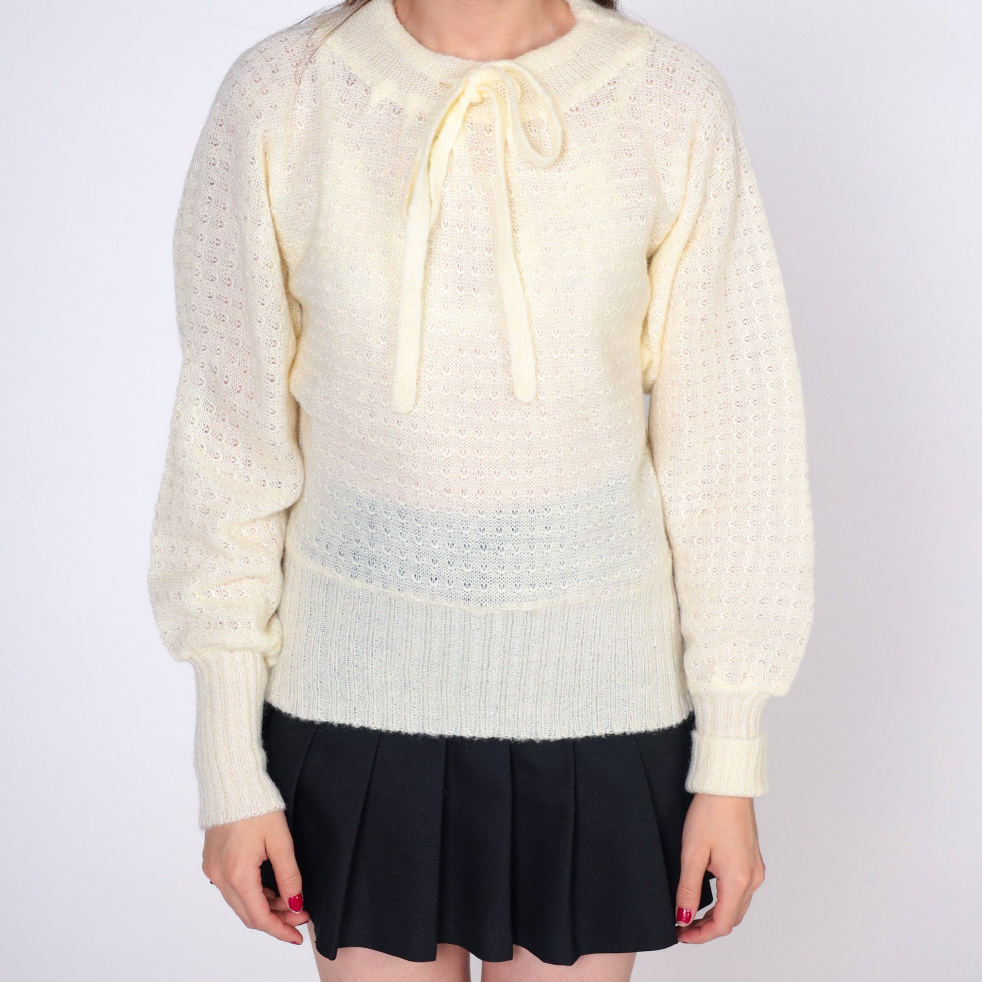 80s Cream Pointelle Knit Sweater Bow Neck Cutout Small