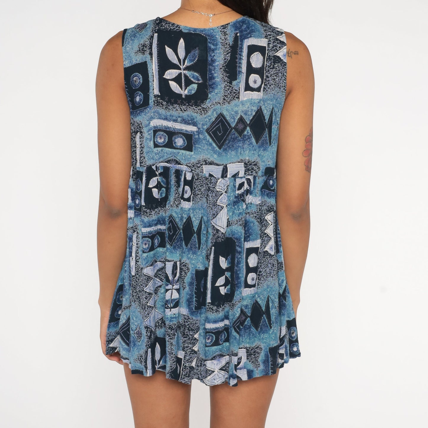 90s Blue Abstract Geometric Mini Dress Empire Waist Sleeveless Medium M