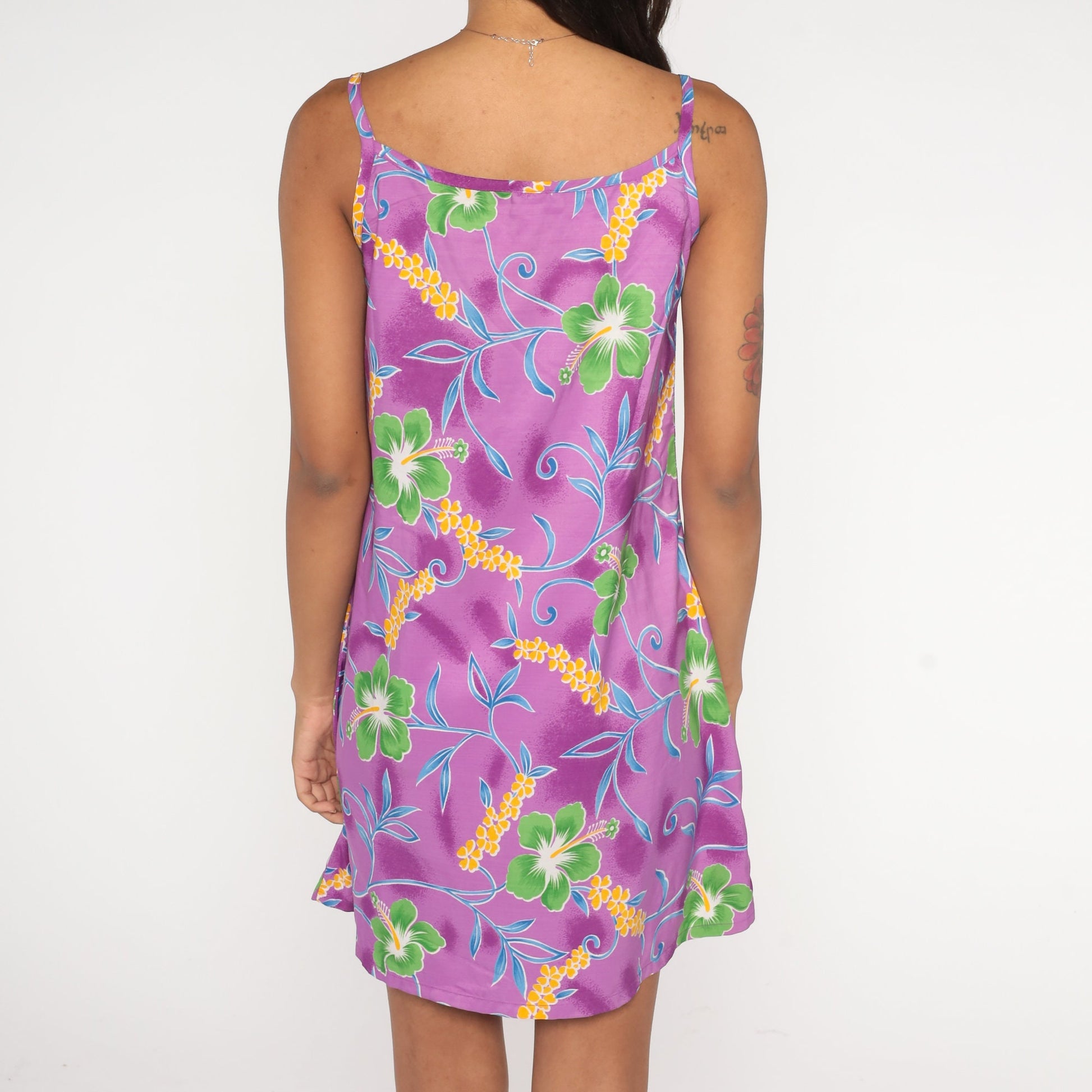 90s Purple Tropical Floral Mini Dress Sleeveless Sundress Small S