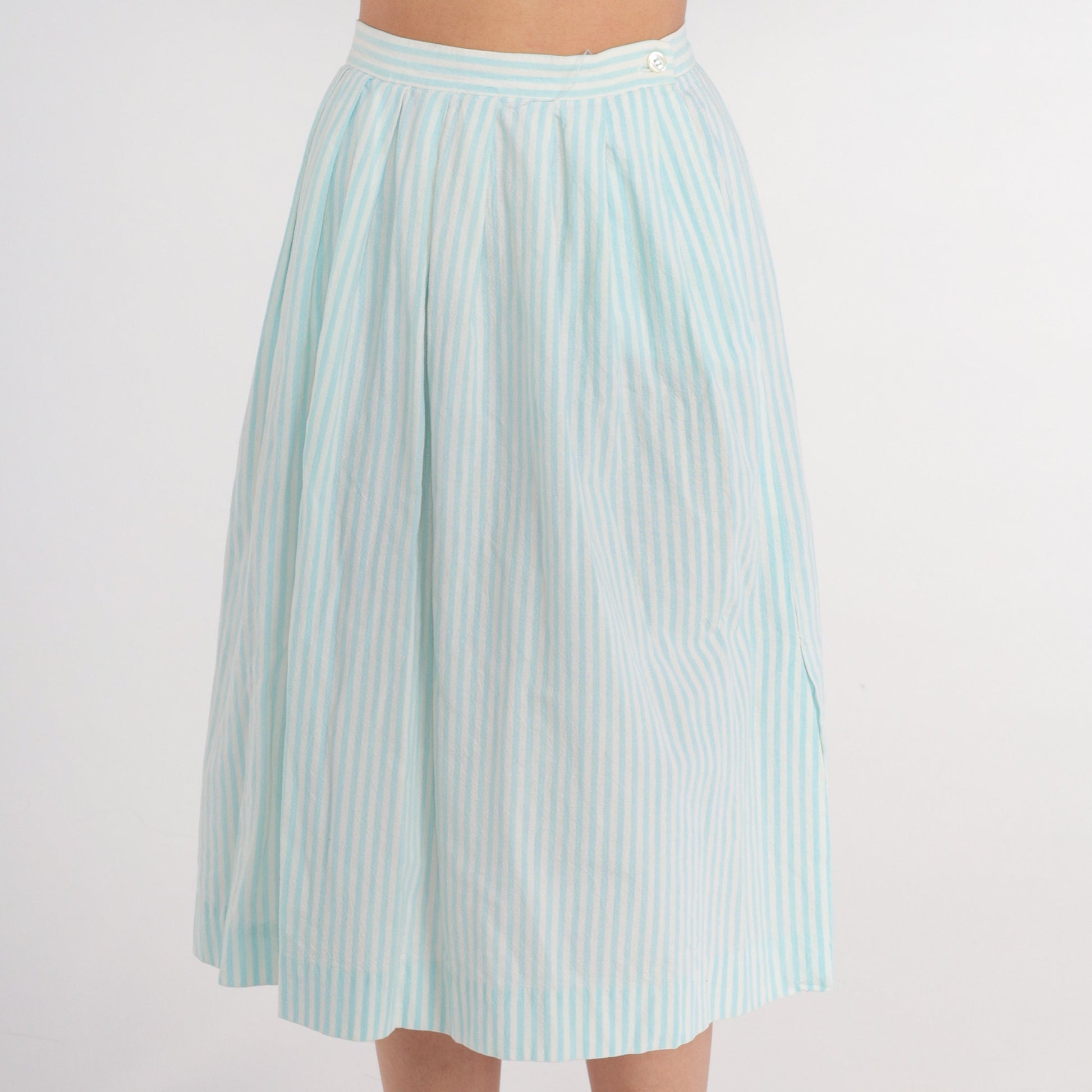 80s Striped Midi Skirt Baby Blue White Pinstripe Pleated High Waist Cotton Extra Small