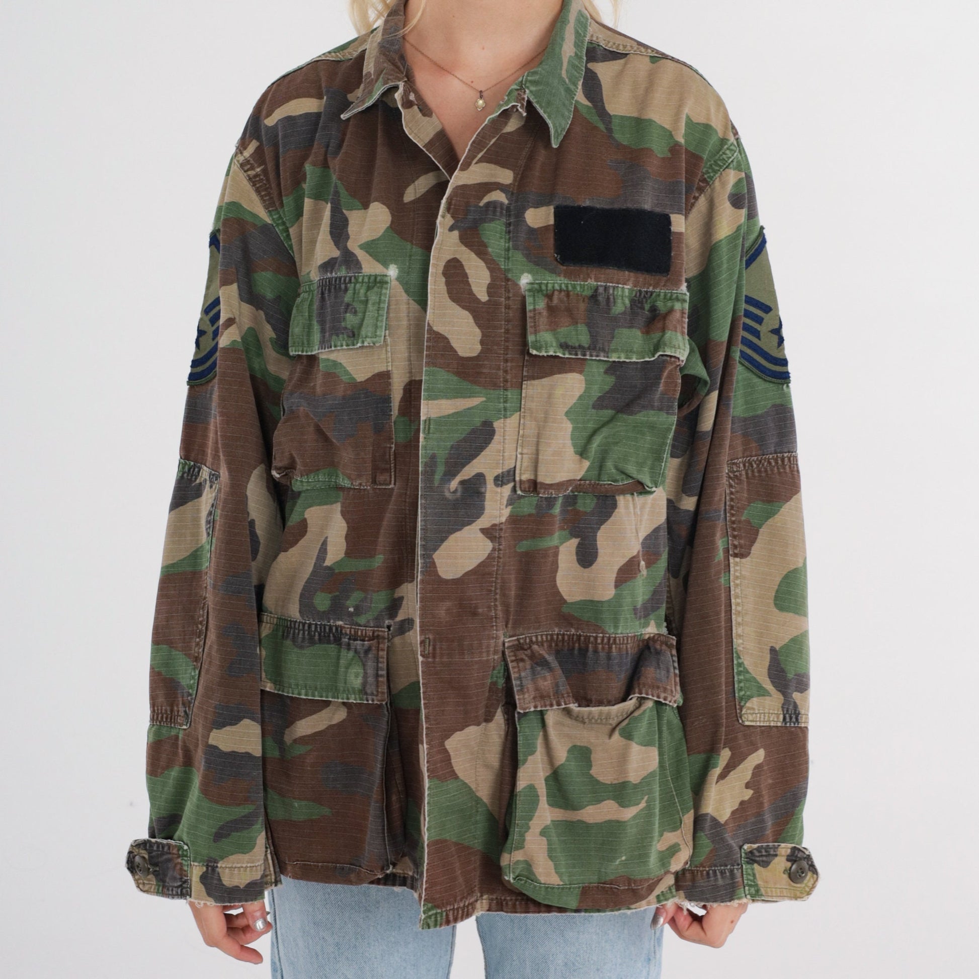 90s Camouflage Army Shirt Button Up Cargo Pockets Green Men's Medium