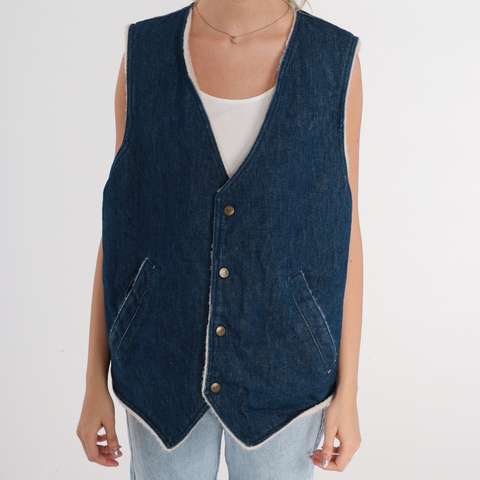 80s Osh Kosh B'Gosh Denim Vest Faux Sherpa Lining Blue Button-Up Large L