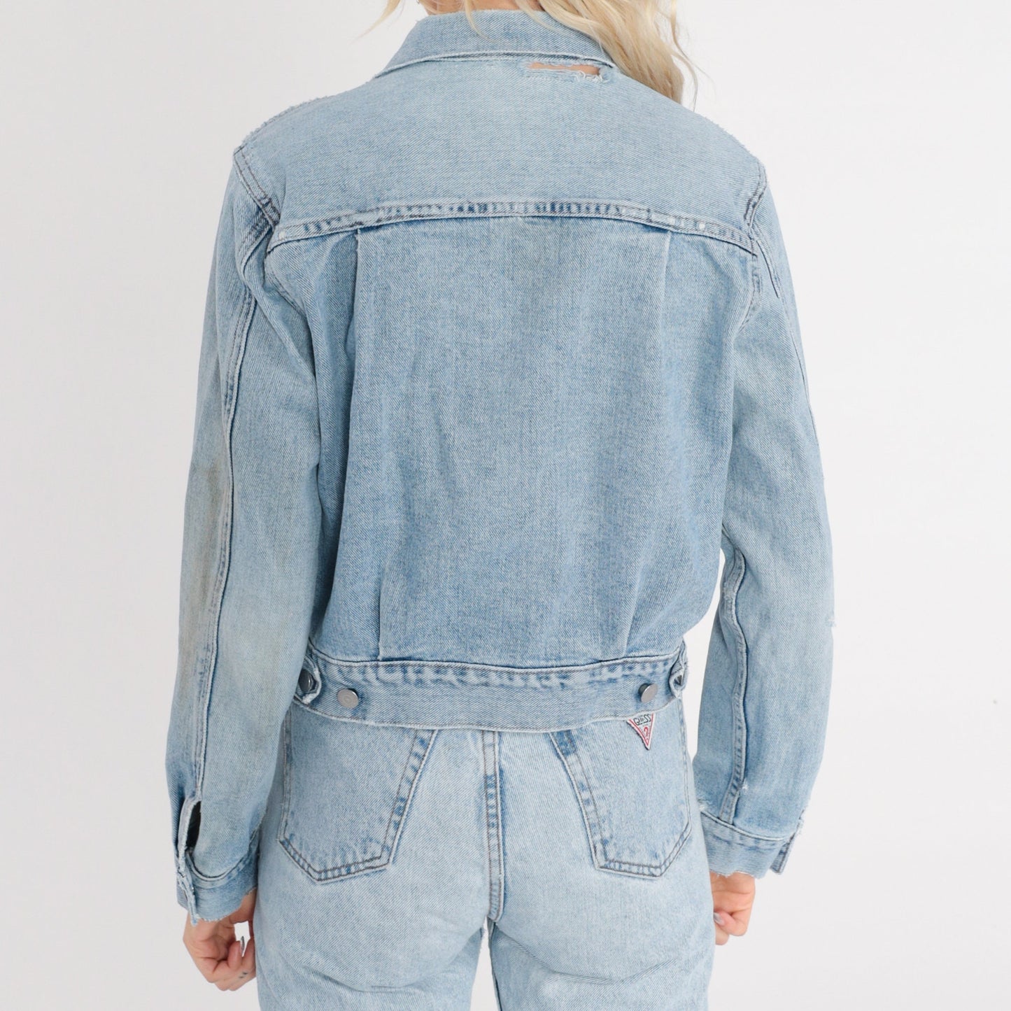 Guess Y2K Distressed Denim Jacket Cropped Blue Medium M