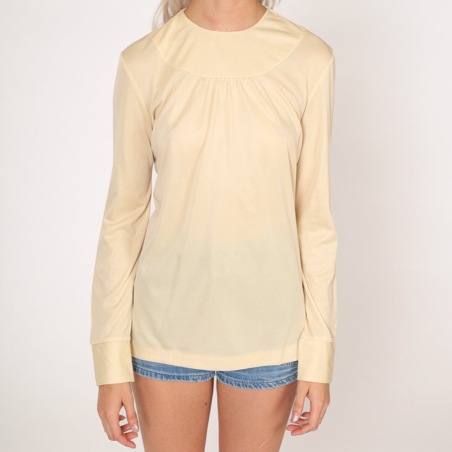 70s Cream Semi-Sheer Blouse Long Sleeve Ruched Back Zip Top Small