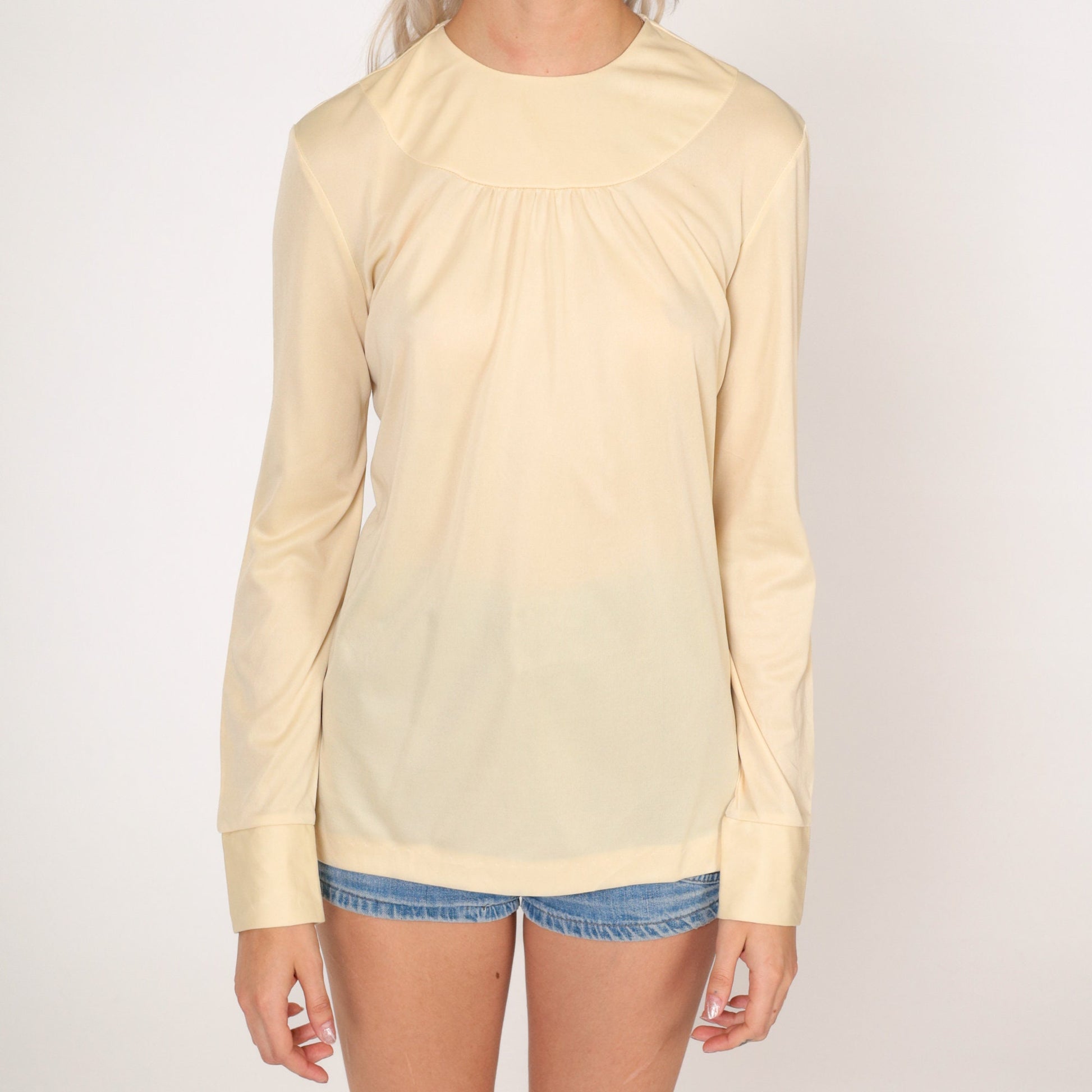 70s Cream Semi-Sheer Blouse Long Sleeve Ruched Back Zip Top Small