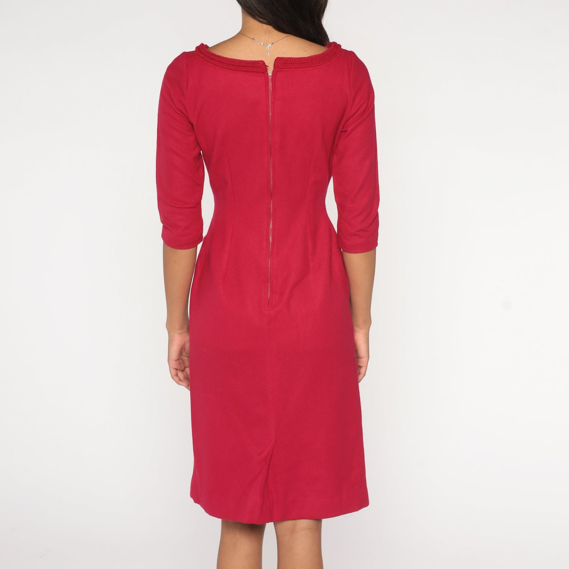 1960s Berry Wool Pencil Dress High Waist 3/4 Sleeve Knee Length Small