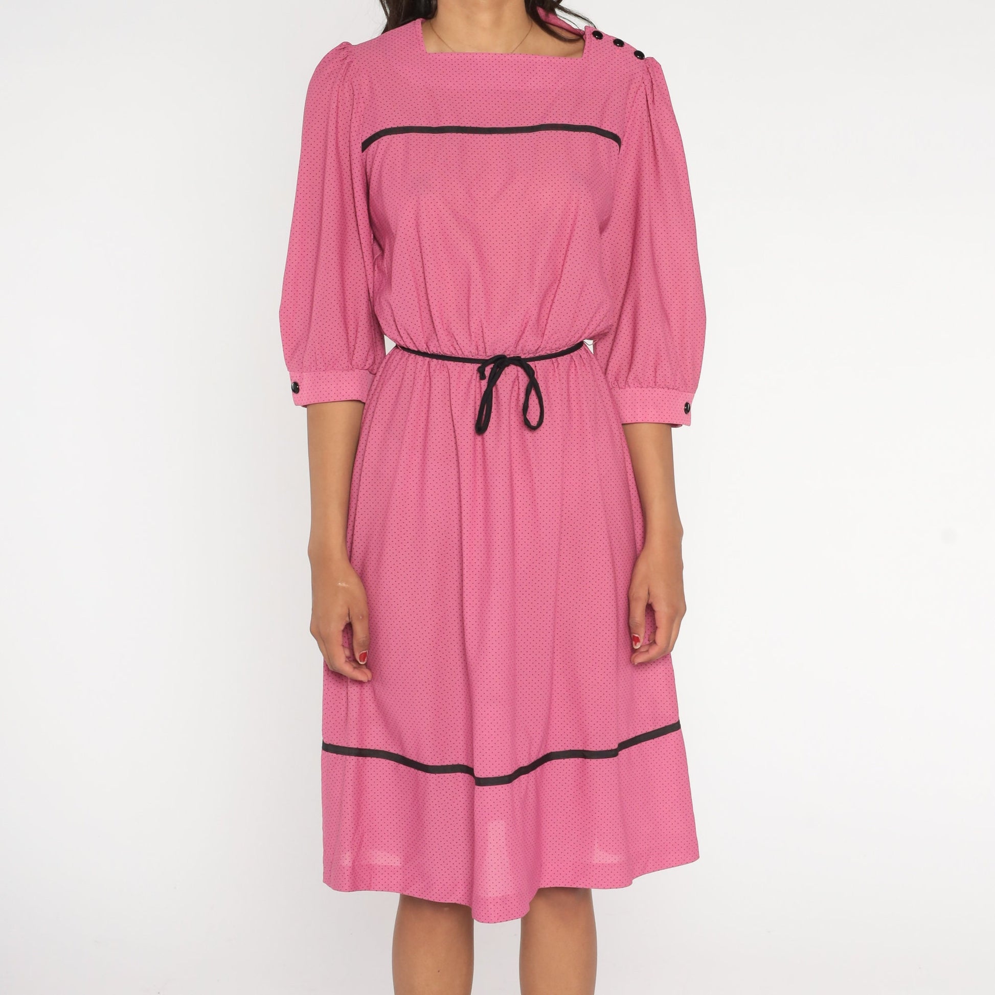 70s Pink Polka Dot Midi Dress Puff Sleeve High Waist Belted Small
