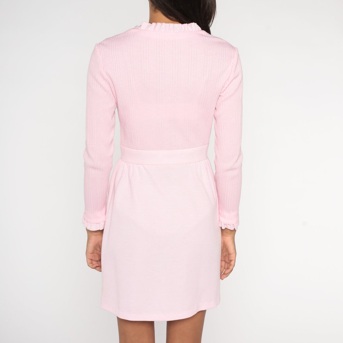 1970s Light Pink Mini Dress Long Sleeve Ruffled Button-Up Small S