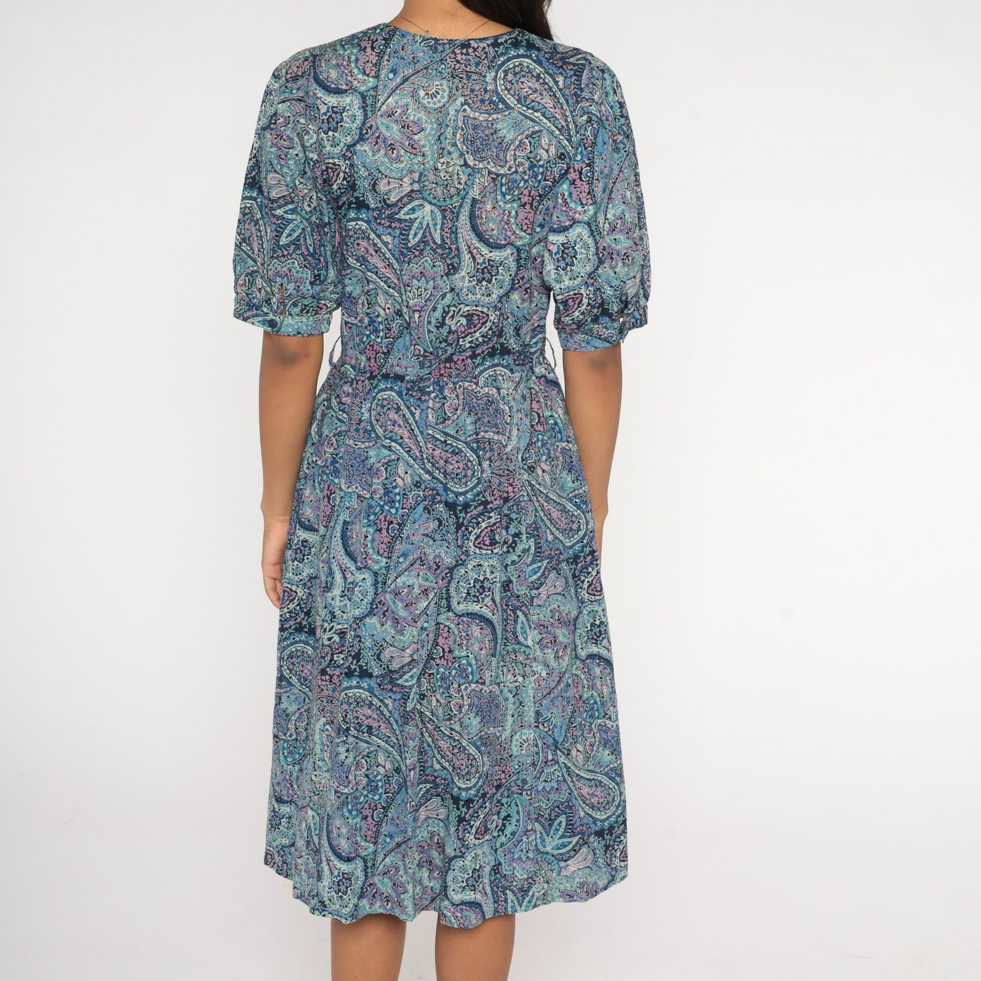80s Blue Paisley Midi Shirtwaist Dress High Waisted Pleated Short Sleeve Medium