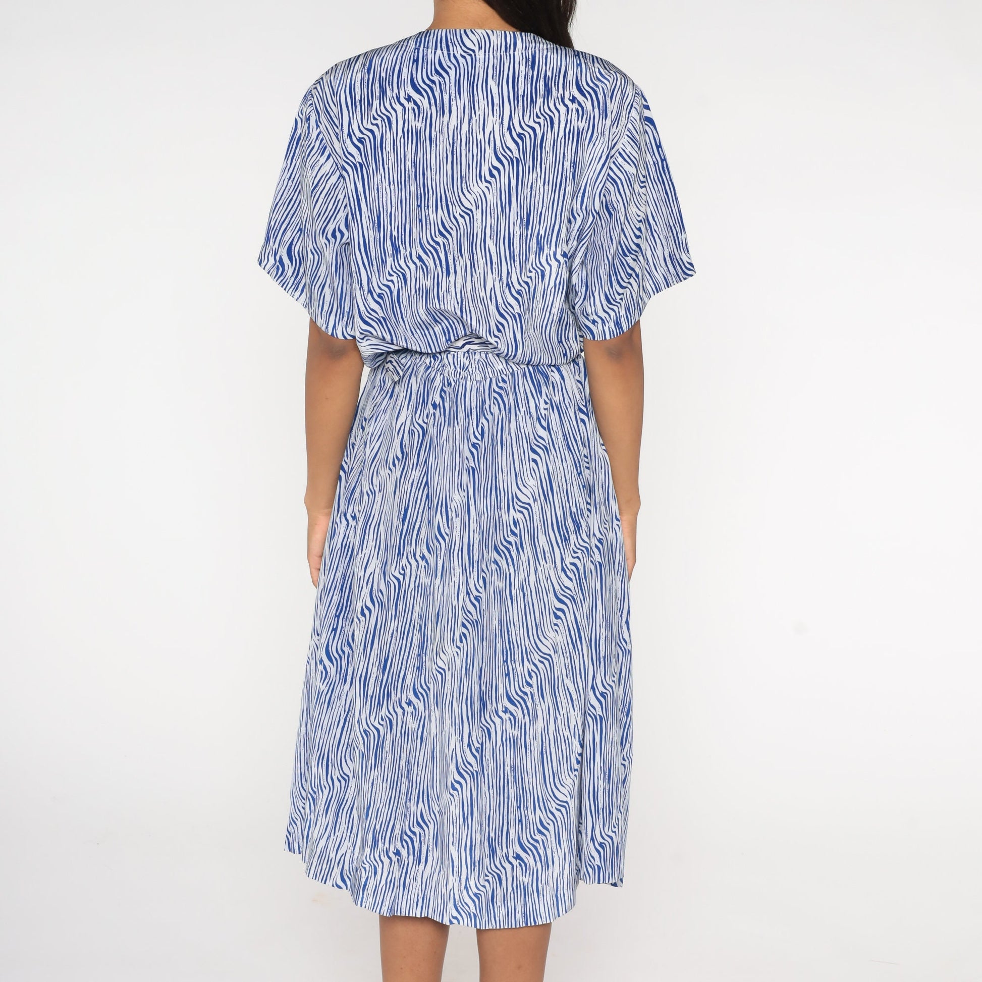 80s Blue White Striped Midi Shirtwaist Dress High Waisted Belted Large L