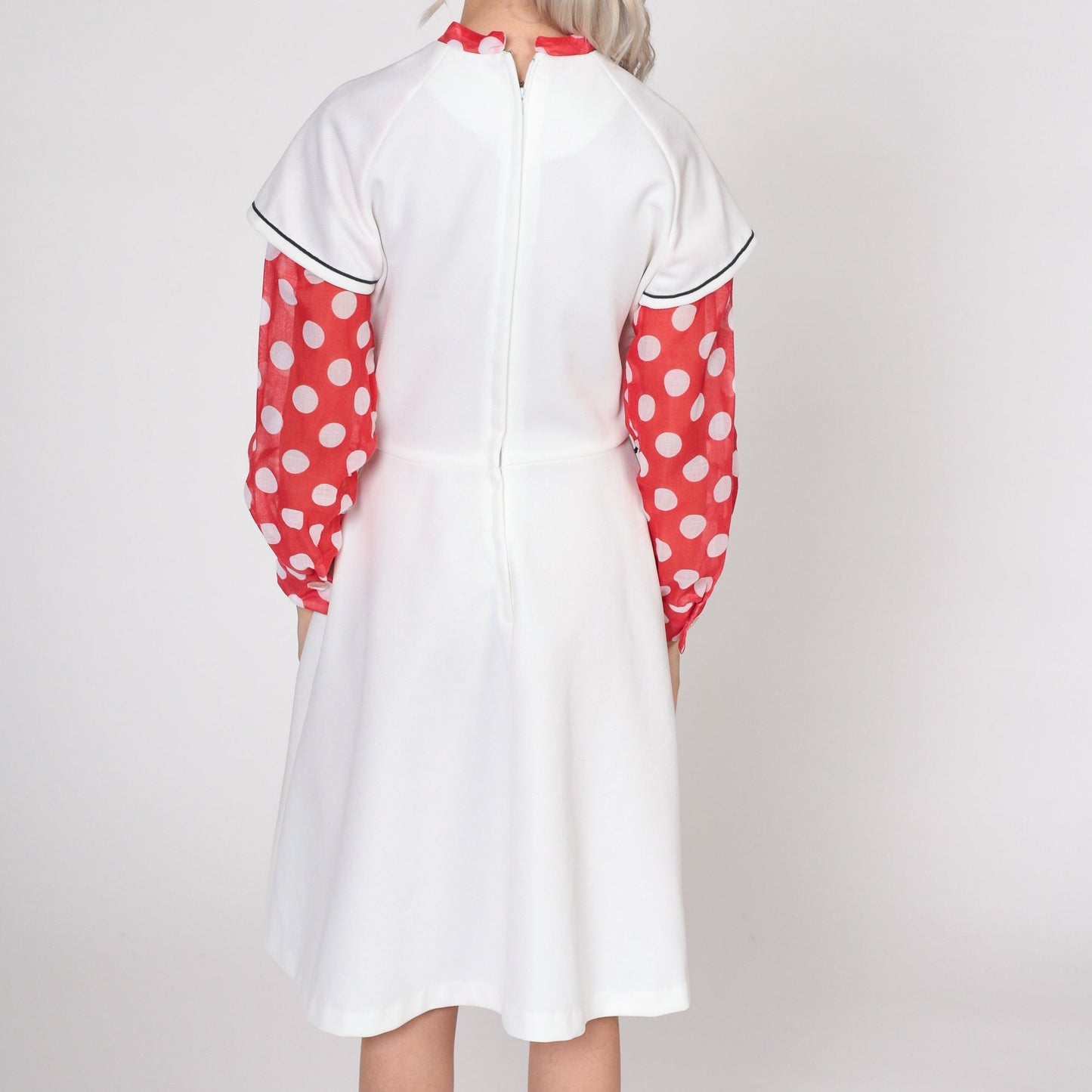 70s Mod Ascot Dress White Polka Dot High Waist Midi Long Sleeve Small