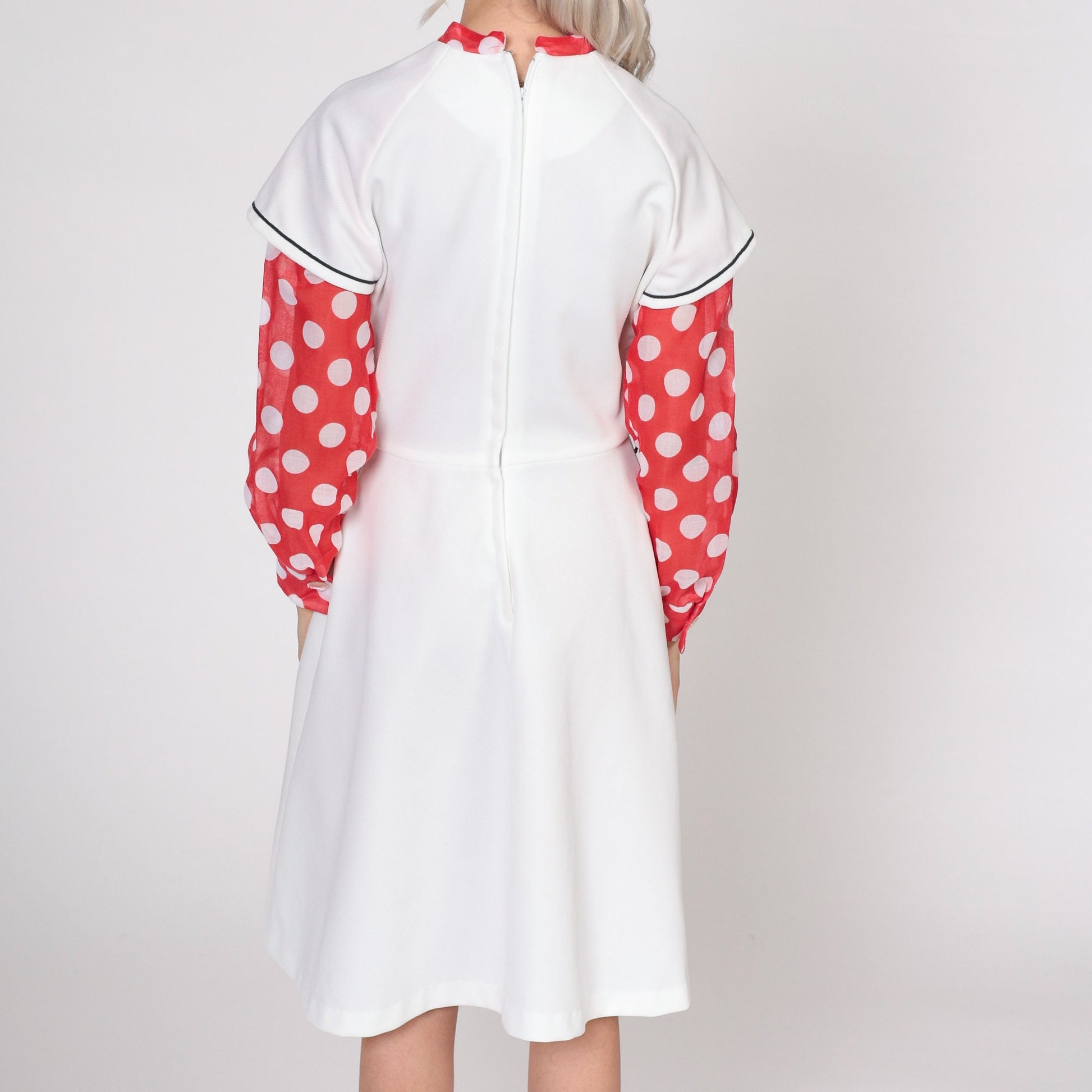70s Mod Ascot Dress White Polka Dot High Waist Midi Long Sleeve Small