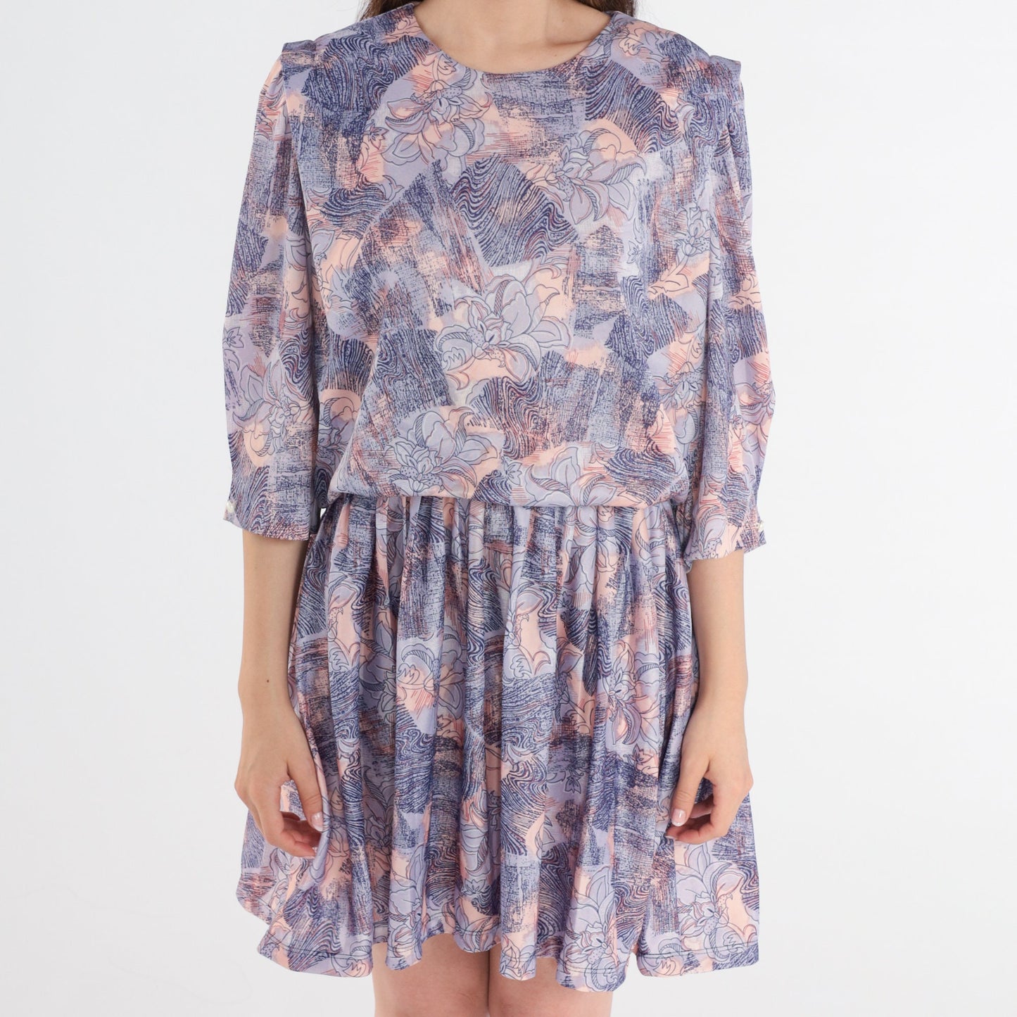 80s Floral Mini Dress Purple Peach Navy 3/4 Sleeve High Waisted Medium