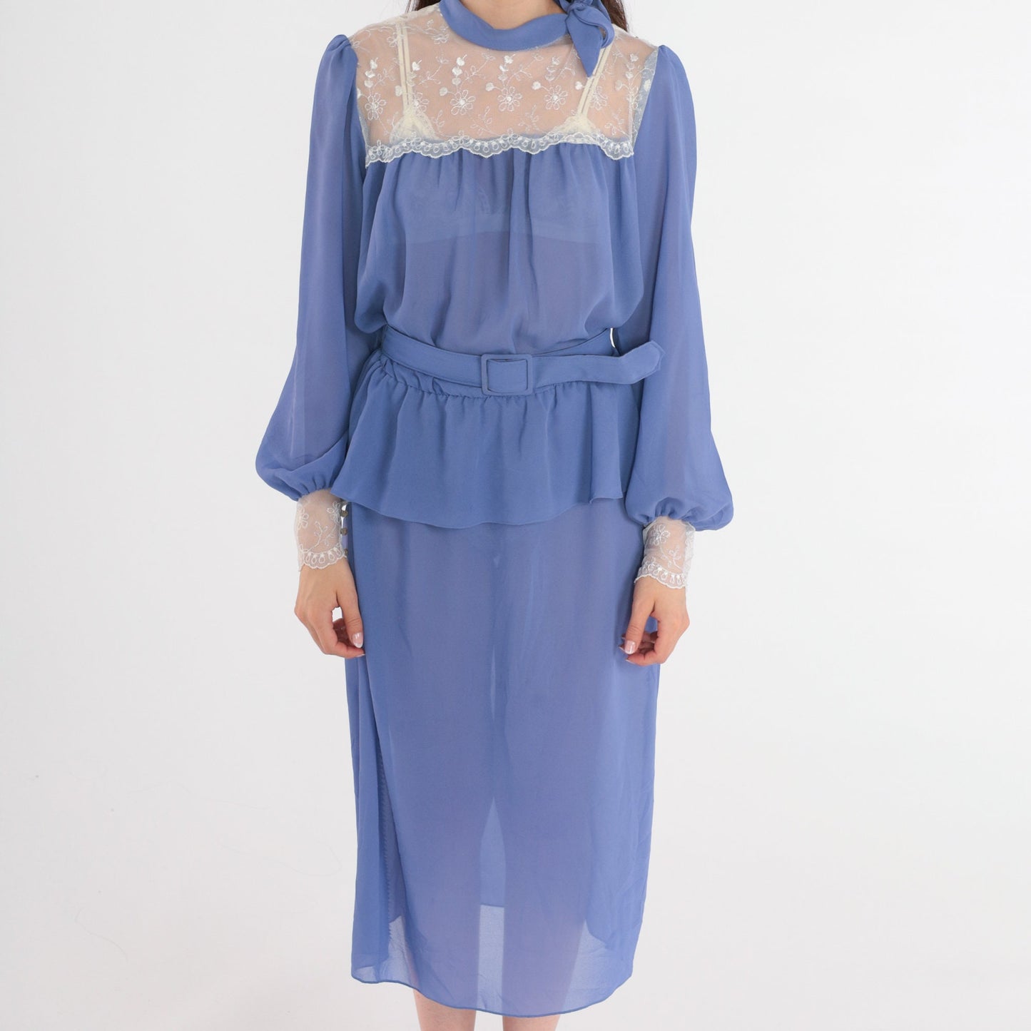 80s Purple Chiffon Midi Dress Lace Illusion Neckline Puff Sleeve Peplum Medium